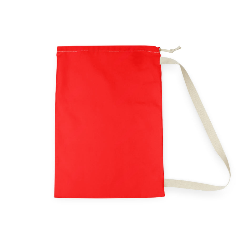 A bright red drawstring pouch with a light beige shoulder strap, shown flat on a white background.