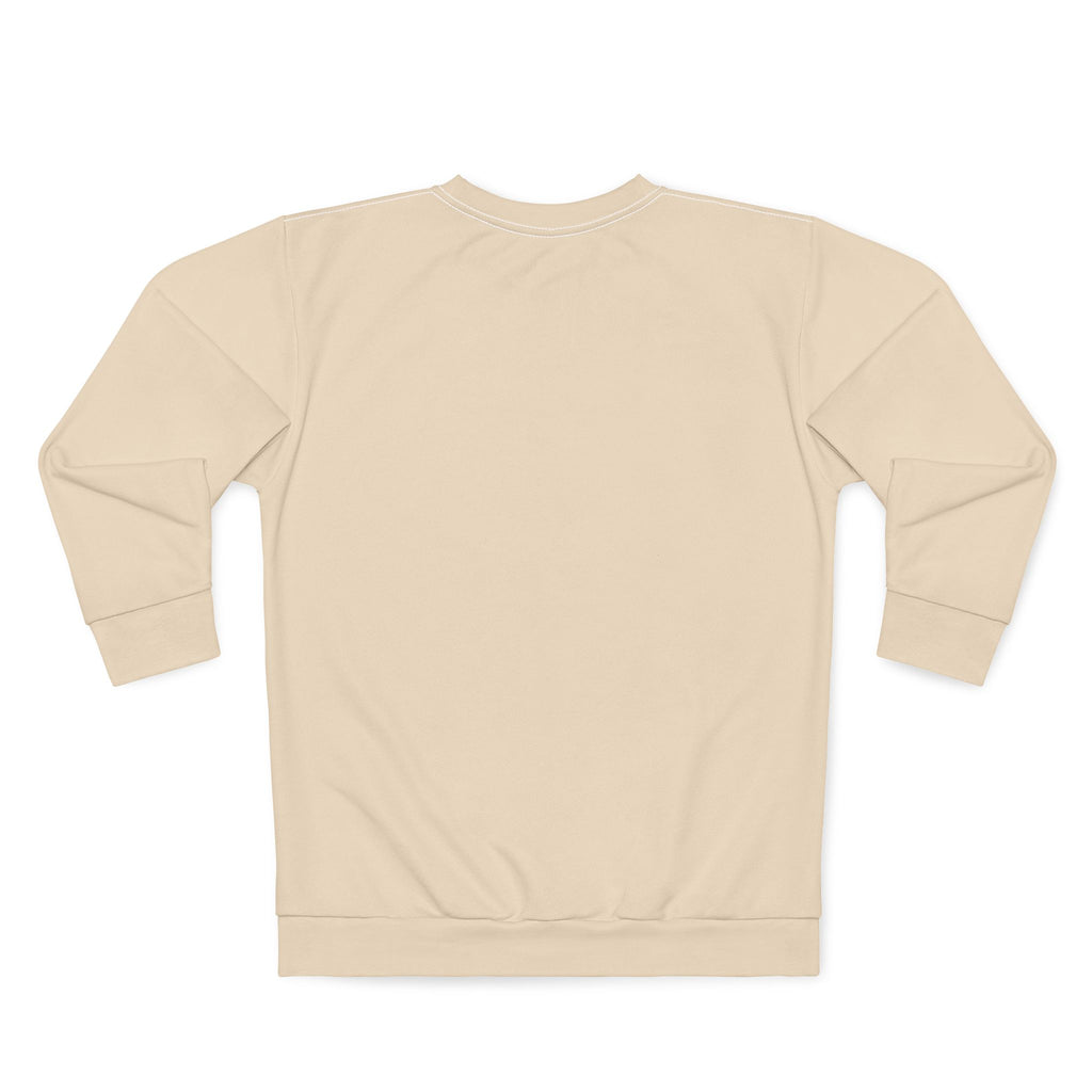 A light beige crewneck sweatshirt shown from the back, laid flat against a solid white background.