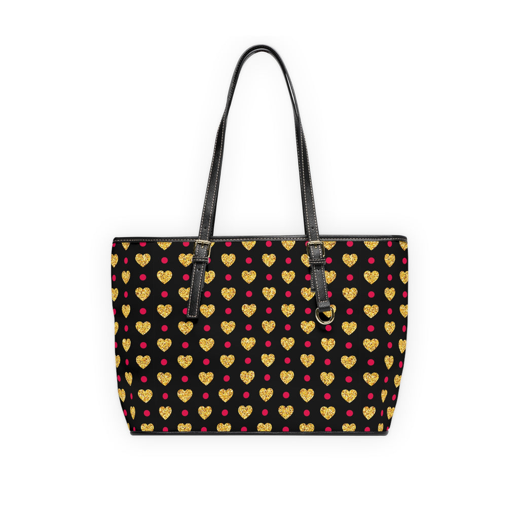 Gold Glitter Hearts Pattern PU Leather Shoulder Bag | Black Heart Print Tote