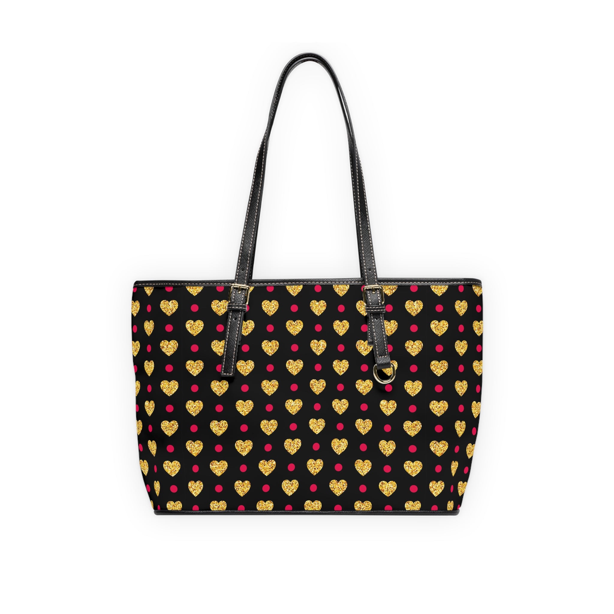 Gold Glitter Hearts Pattern PU Leather Shoulder Bag | Black Heart Print Tote