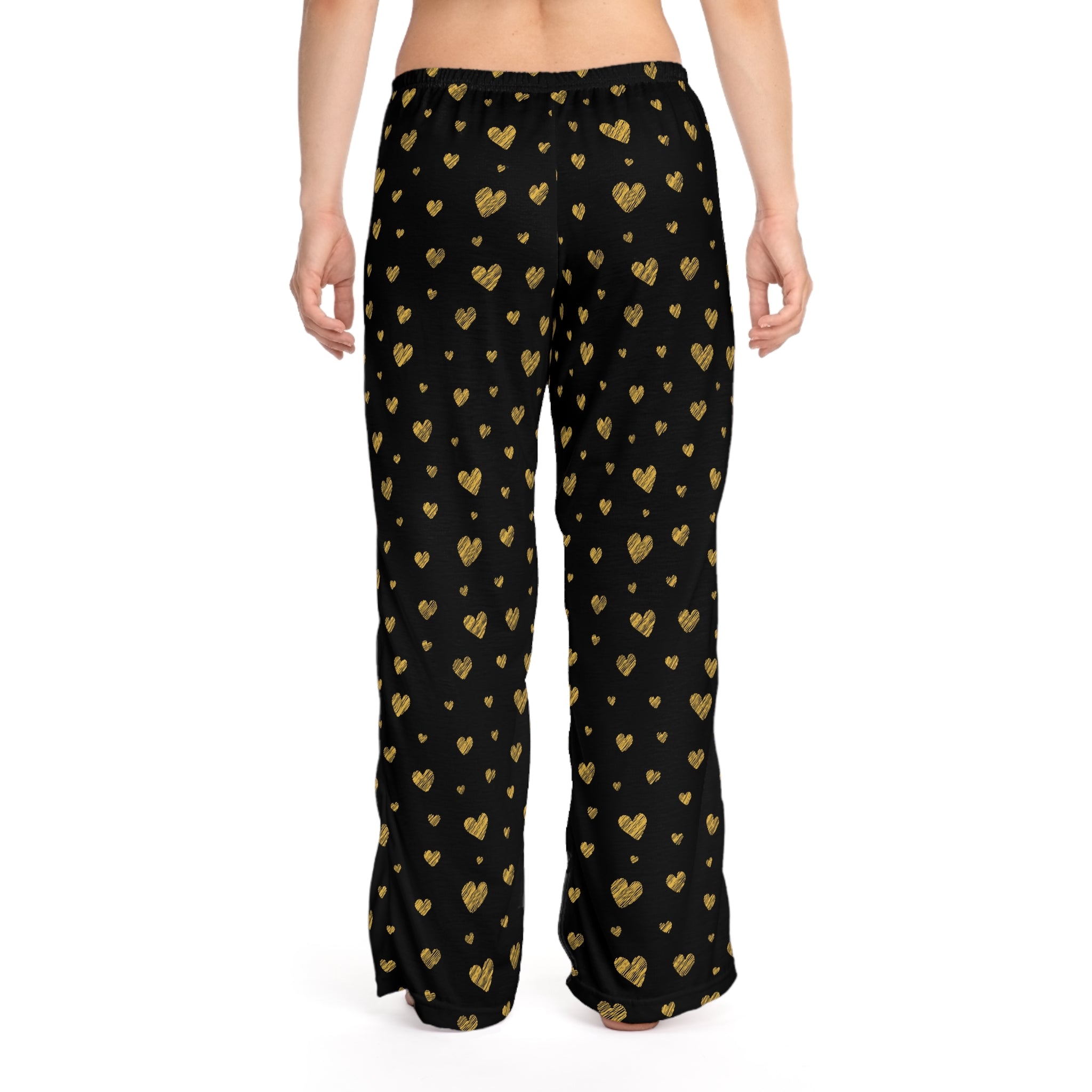 Gold Heart Pattern Pajama Pants | Black All-Over Print