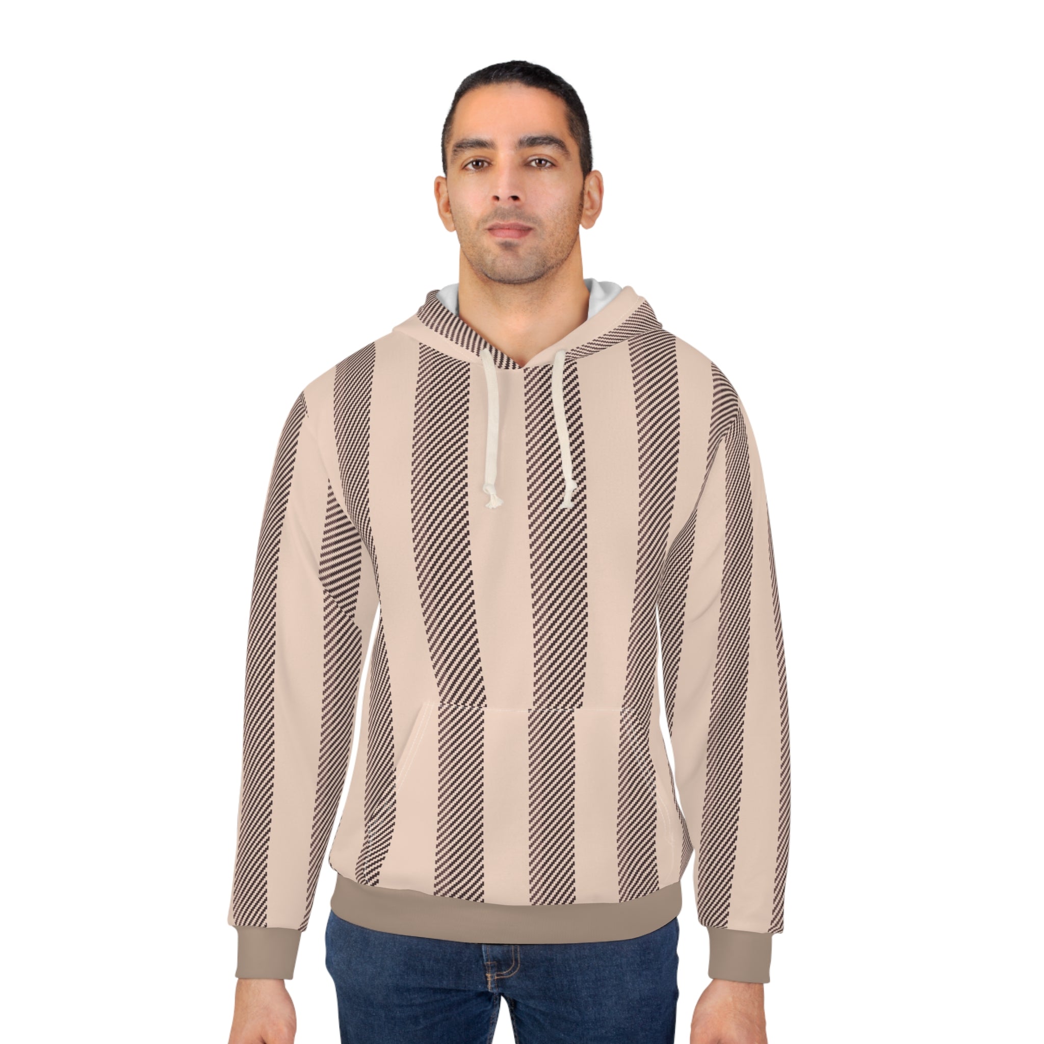 Striped Neutral Hoodie — Beige & Taupe All-Over Print Pullover