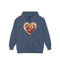 Blue hoodie with a heart-shaped rose design on a white background