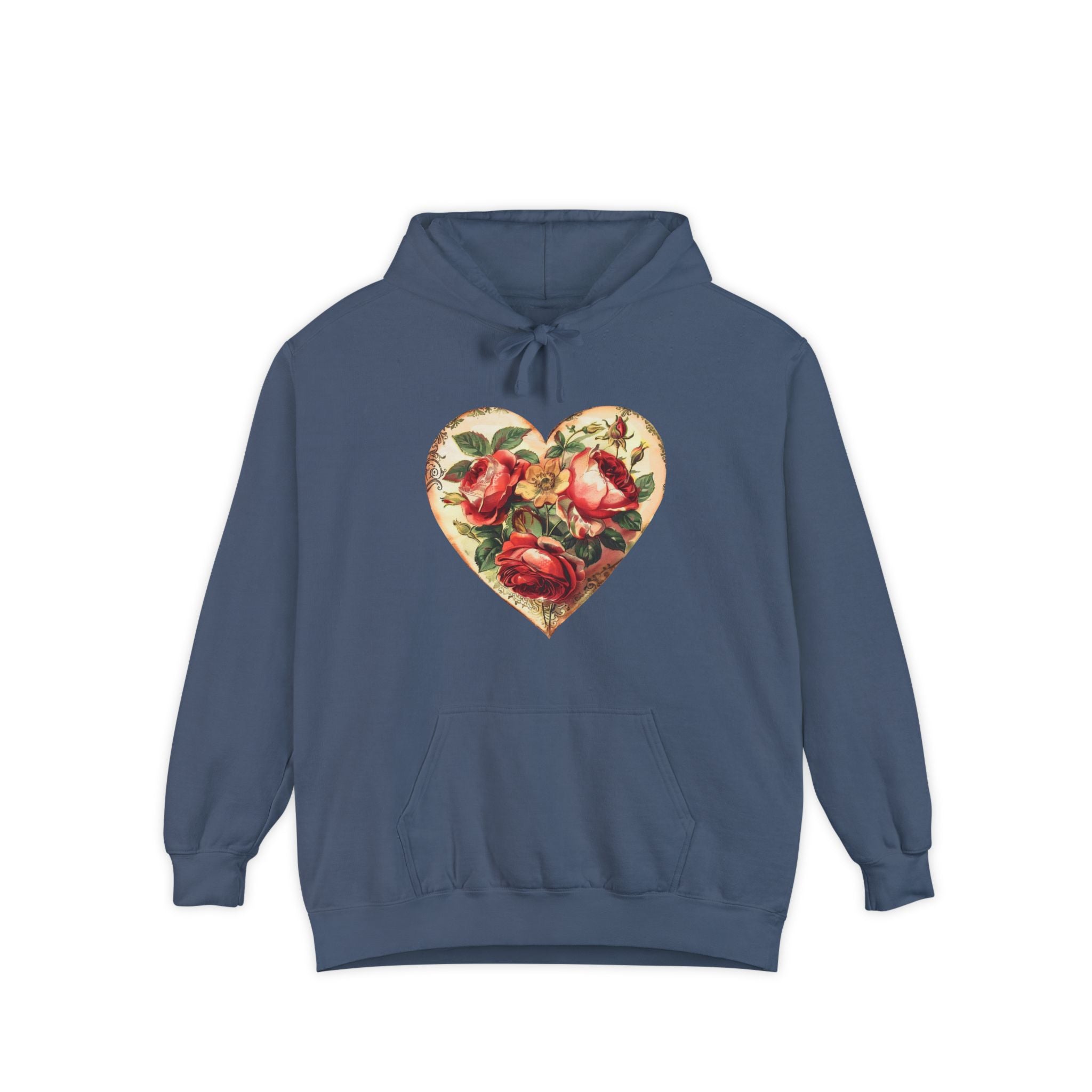 Blue hoodie with a heart-shaped rose design on a white background