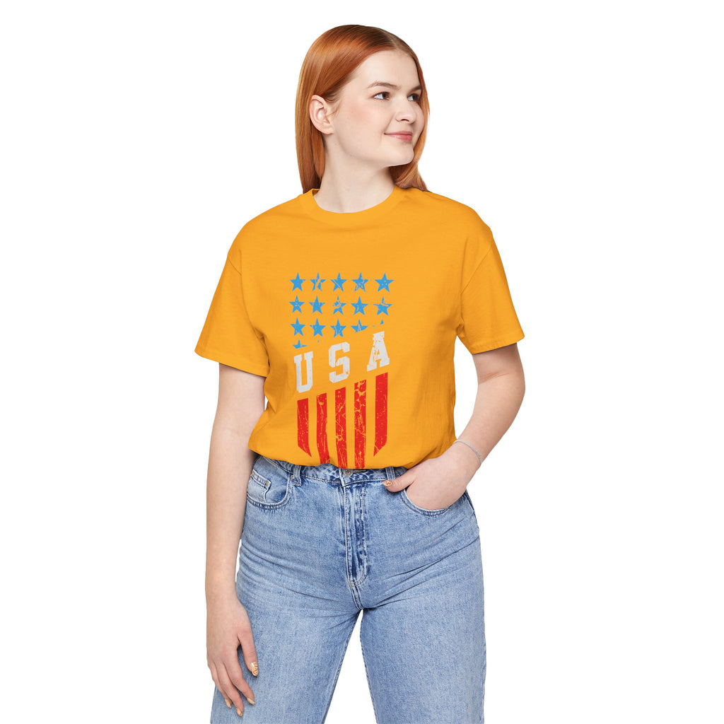 Person wearing a yellow t-shirt with 'USA' design on a white background