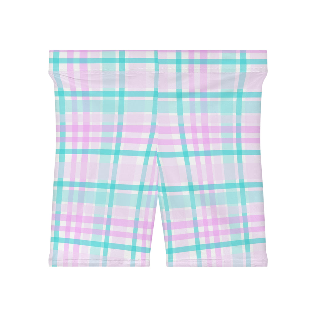 Pastel Plaid Biker Shorts — Mint & Lavender Plaid Activewear