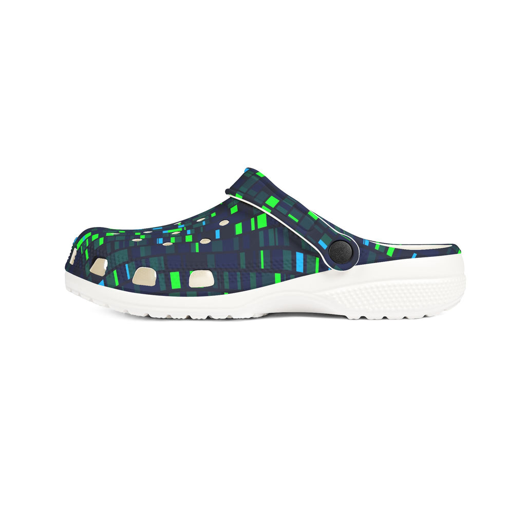 Pixel Grid Clogs — EVA Foam Slip-On Shoes with Green & Blue Digital Pattern