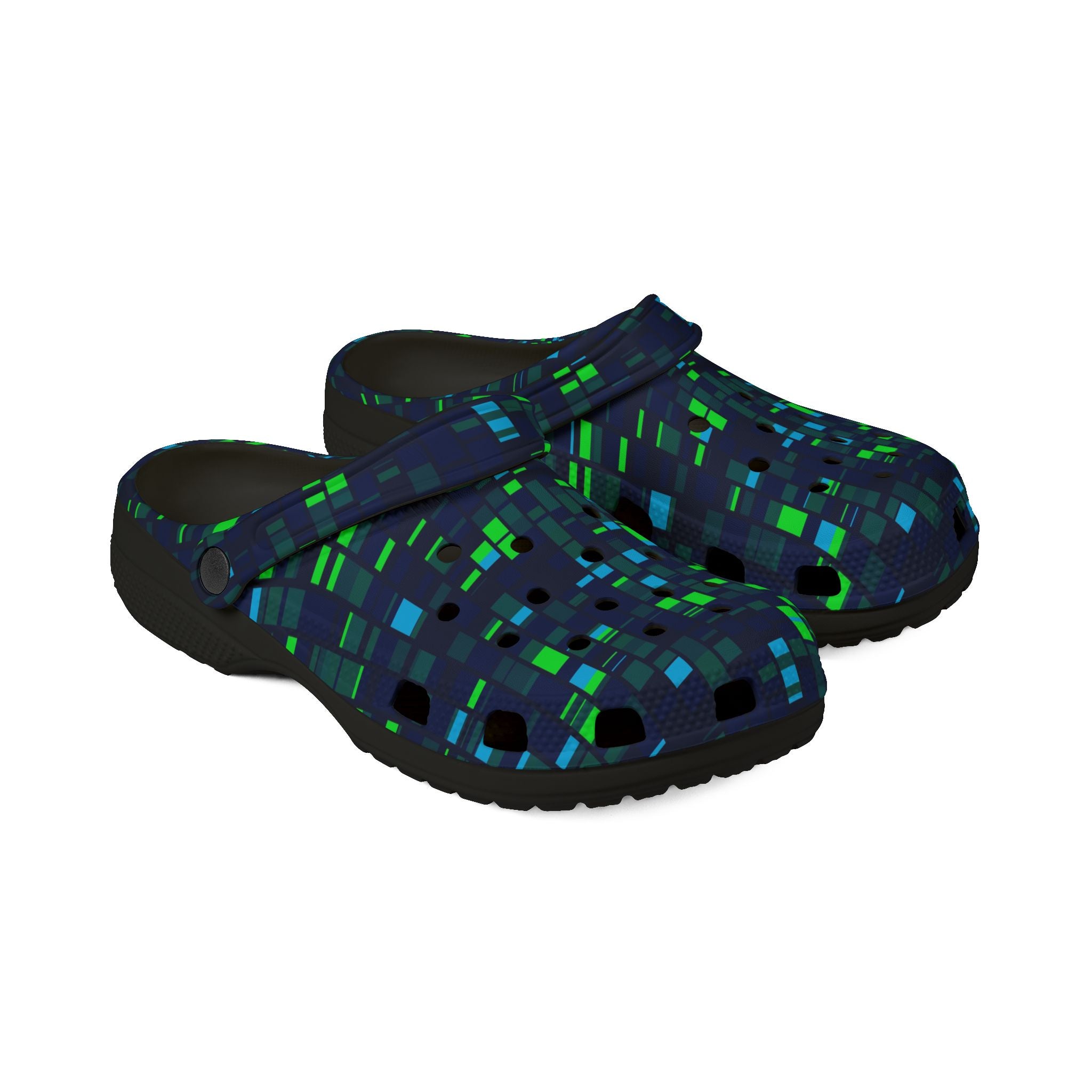 Pixel Grid Clogs — EVA Foam Slip-On Shoes with Green & Blue Digital Pattern