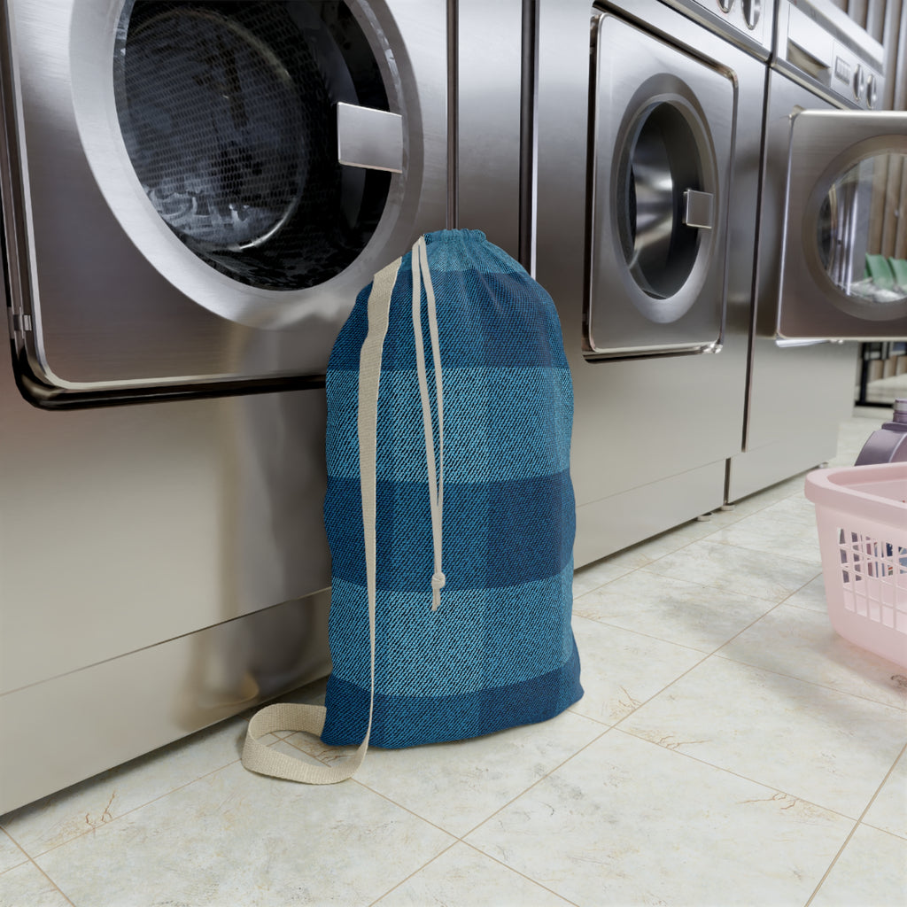 Classic Blue Plaid Laundry Bag — Cotton Drawstring Hamper Tote