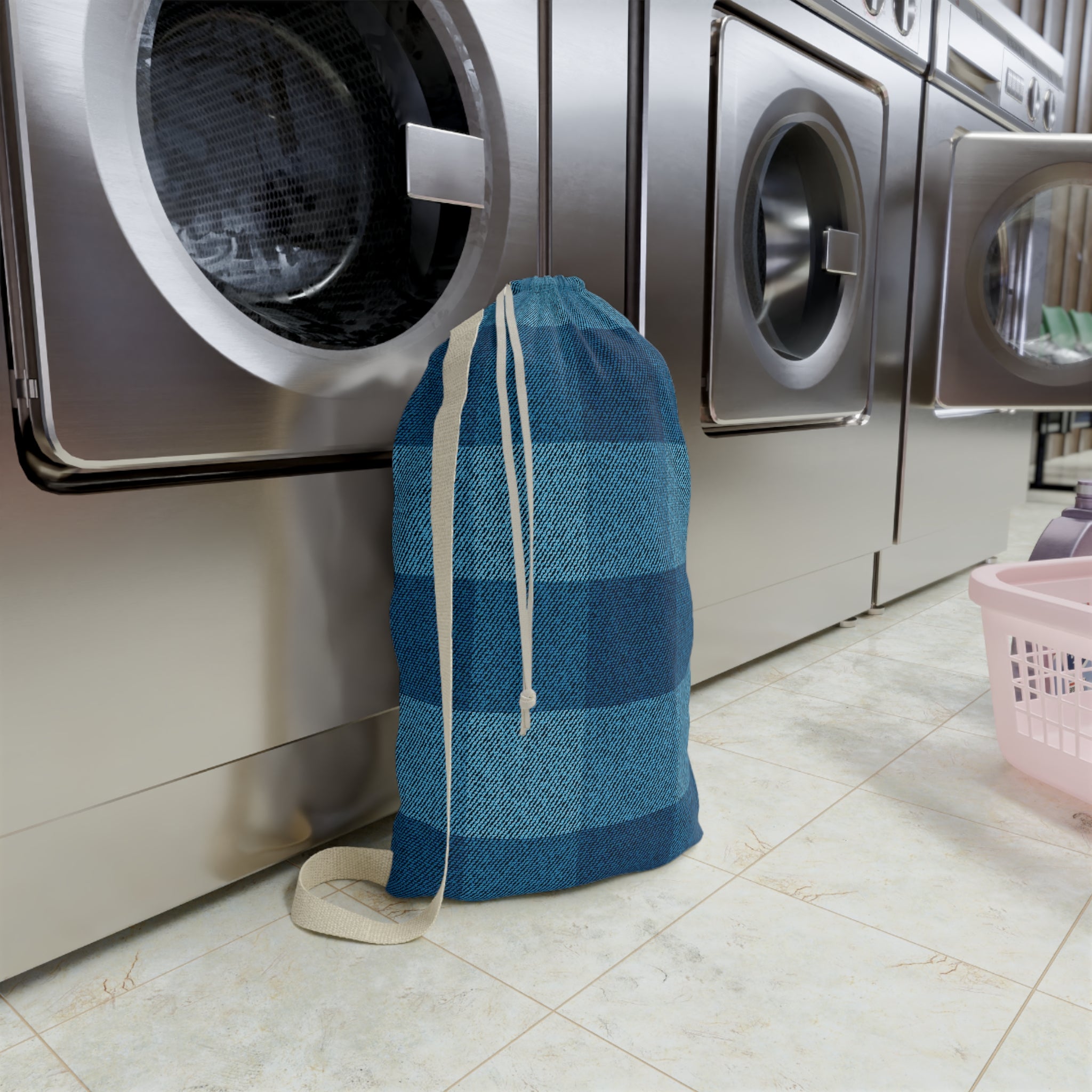 Classic Blue Plaid Laundry Bag — Cotton Drawstring Hamper Tote