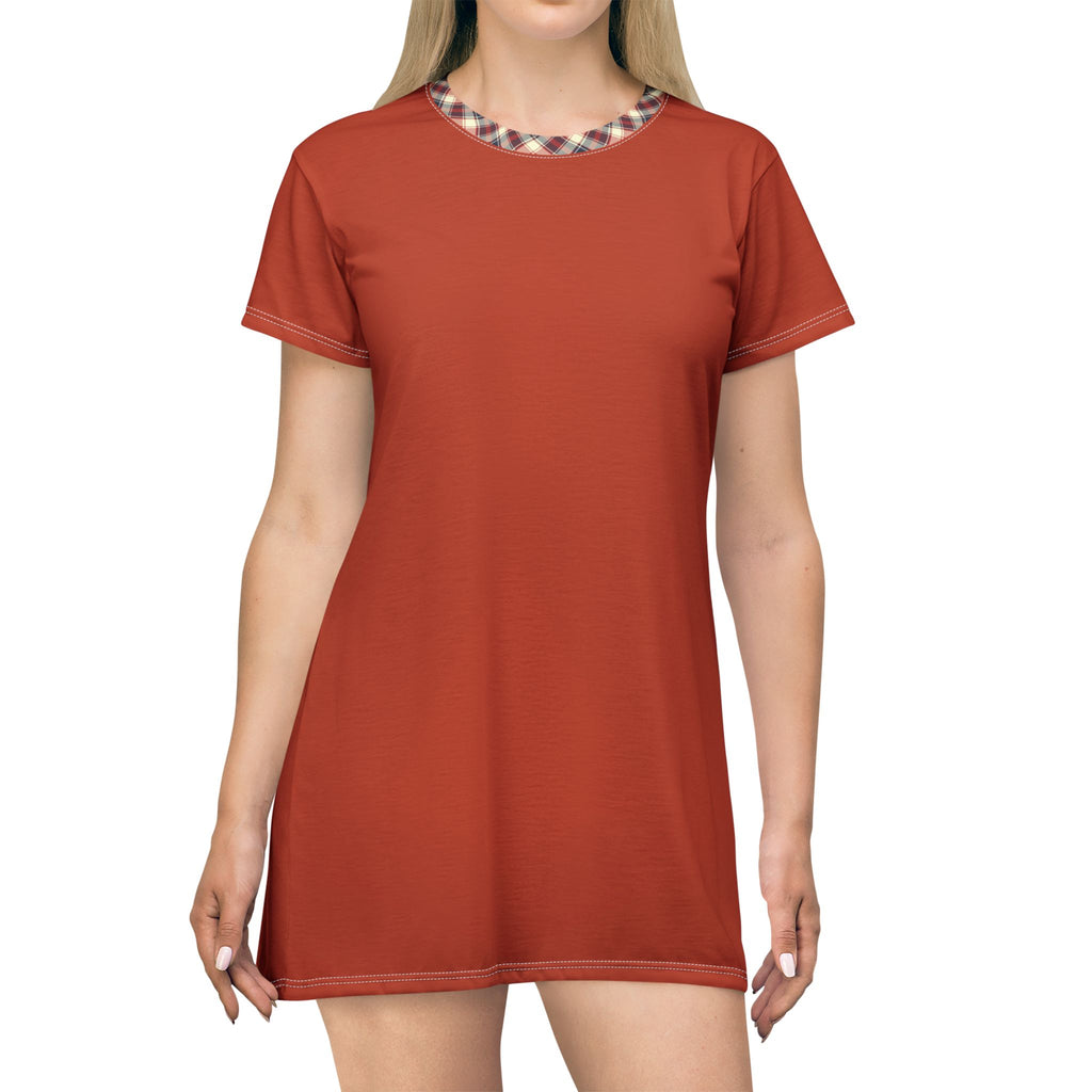 Rust Plaid Trim T-Shirt Dress — Casual A-Line Tee Dress