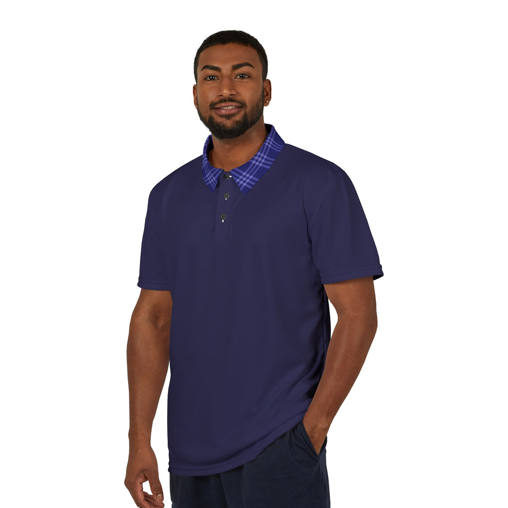 Navy Blue Polo Shirt with Plaid Collar — Classic Casual Men’s Polo