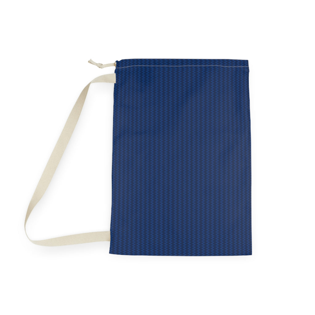 A navy blue drawstring pouch with a subtle textured pattern and a cream-colored strap, shown on a plain white background.