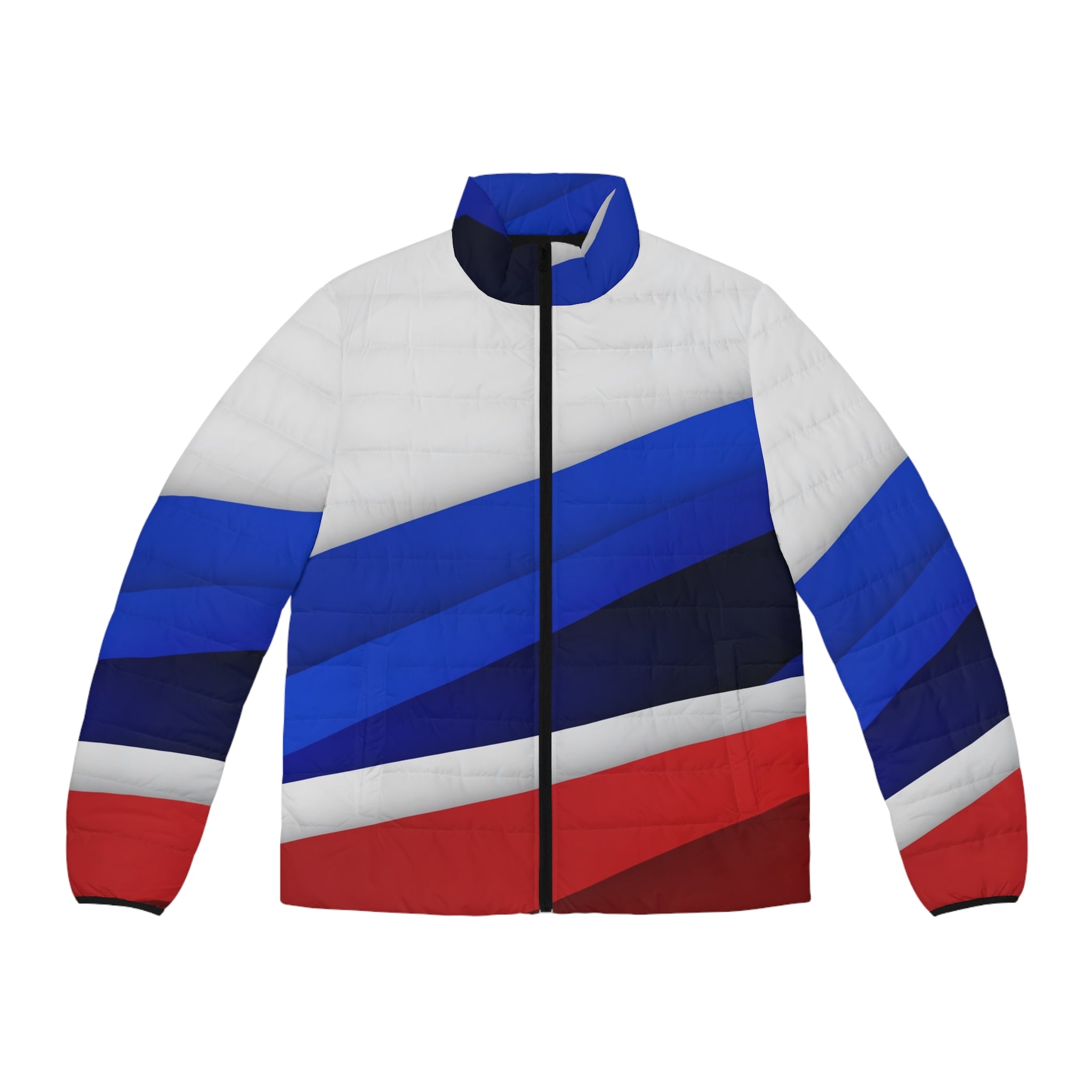 Men's Colorblock Puffer Jacket — Red, White & Blue Diagonal Stripe