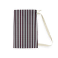 A zippered fabric pouch with vertical stripes in dark brown, light gray, and white, featuring a cream-colored shoulder strap on a plain white background.