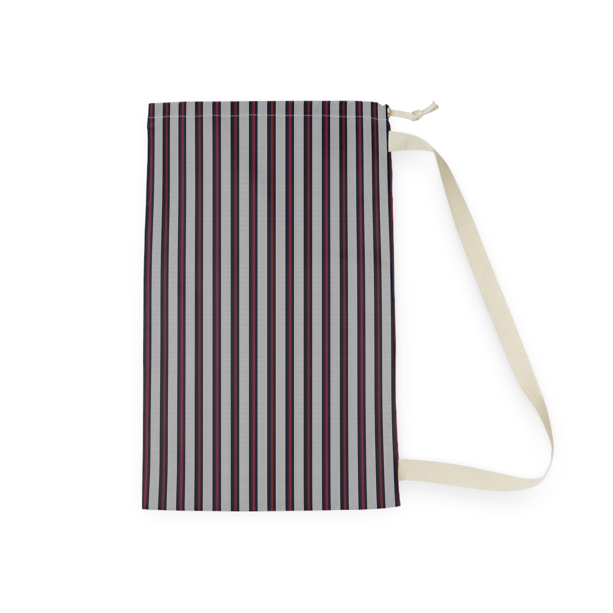 A zippered fabric pouch with vertical stripes in dark brown, light gray, and white, featuring a cream-colored shoulder strap on a plain white background.