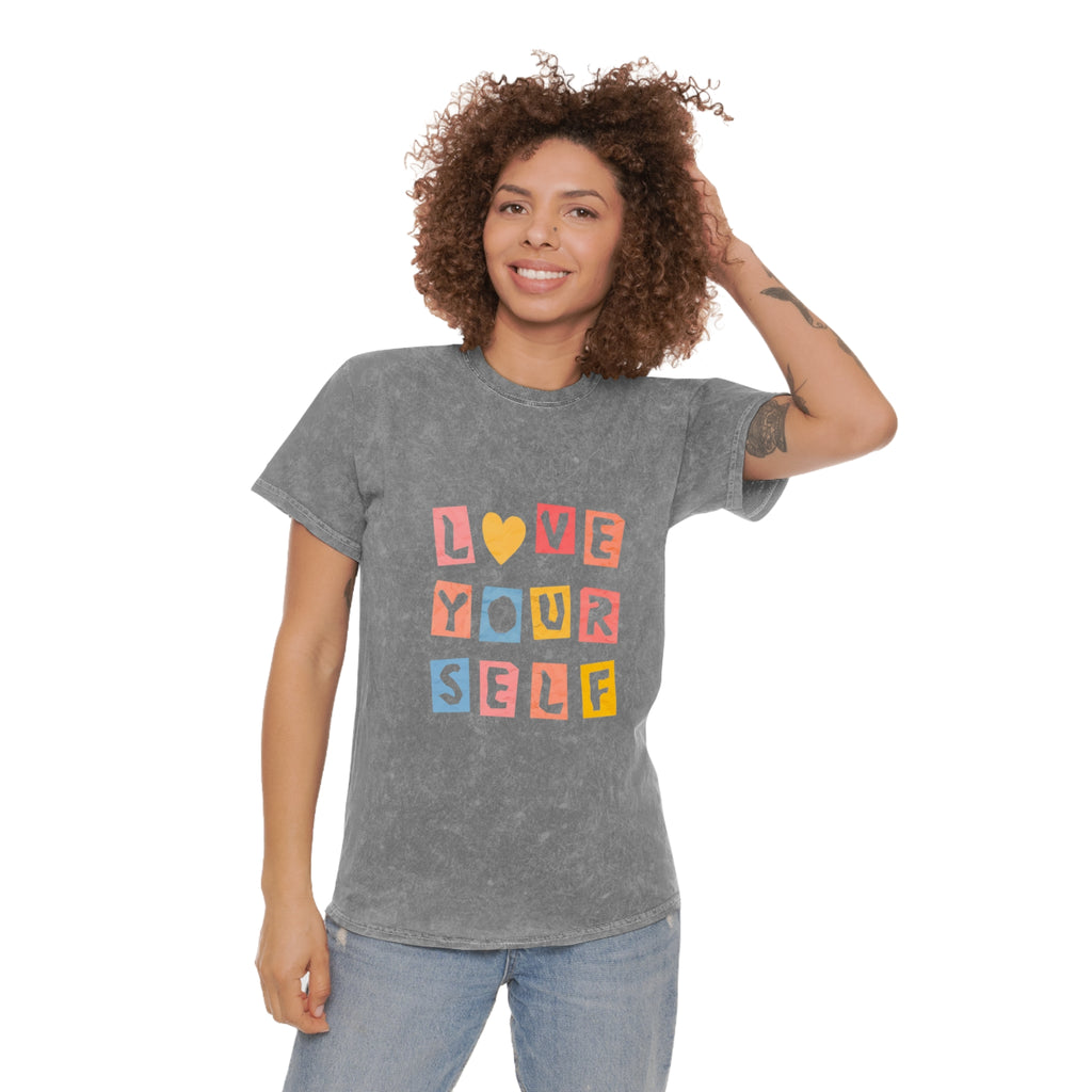 Love Yourself Mineral-Wash Tee — Retro Block Letter Self-Love T-Shirt