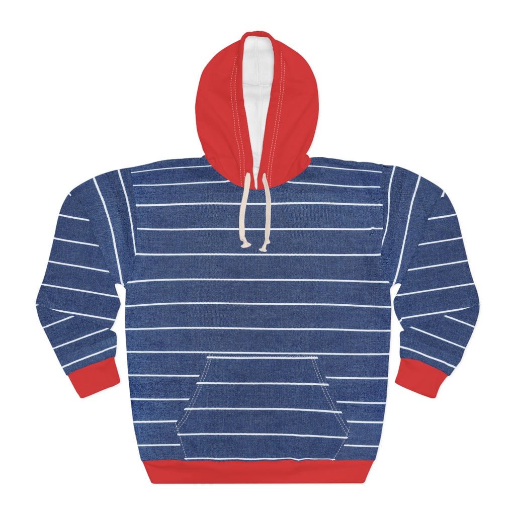 Nautical Striped Hoodie — Navy & White Crew Stripes with Red Hood and Cuffs