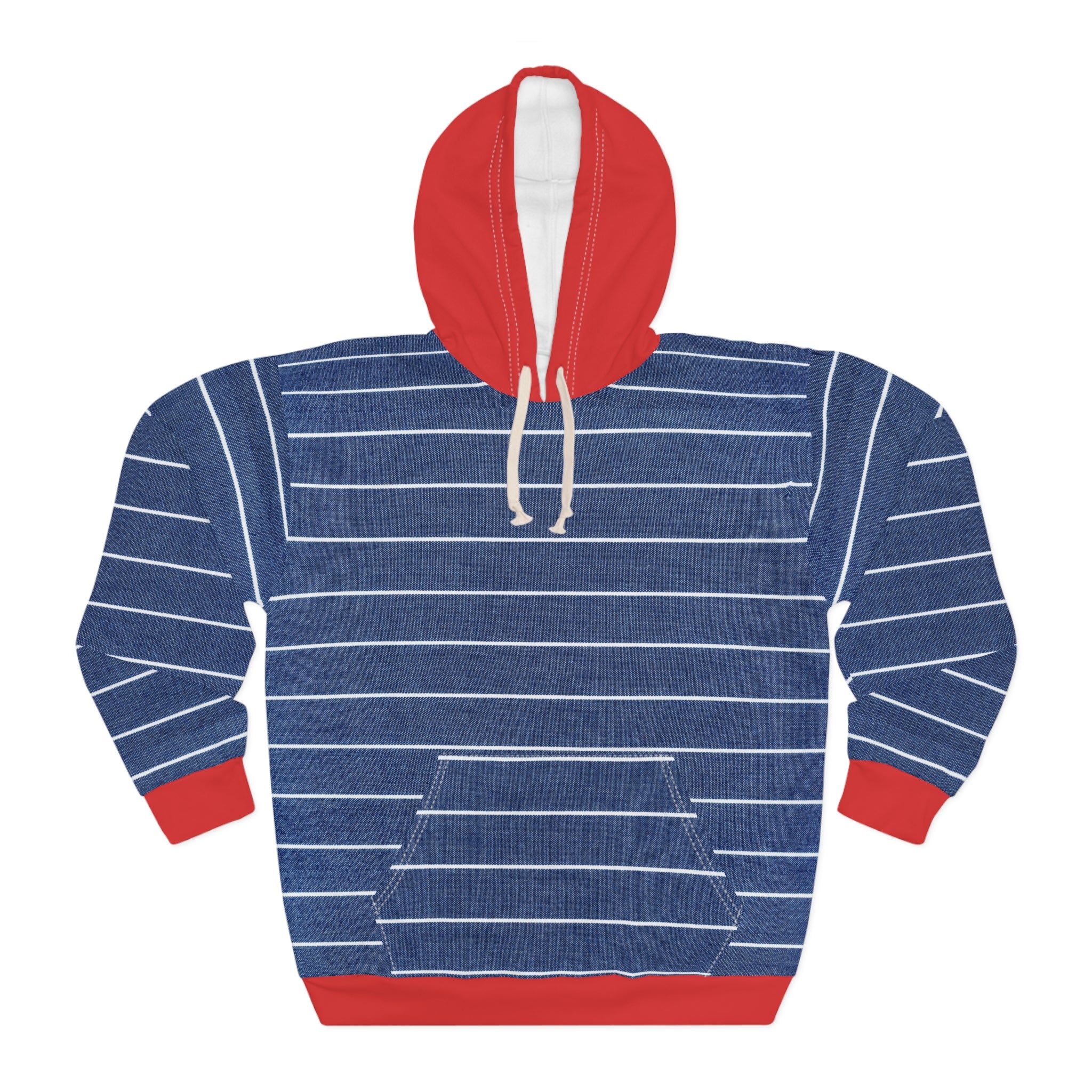 Nautical Striped Hoodie — Navy & White Crew Stripes with Red Hood and Cuffs