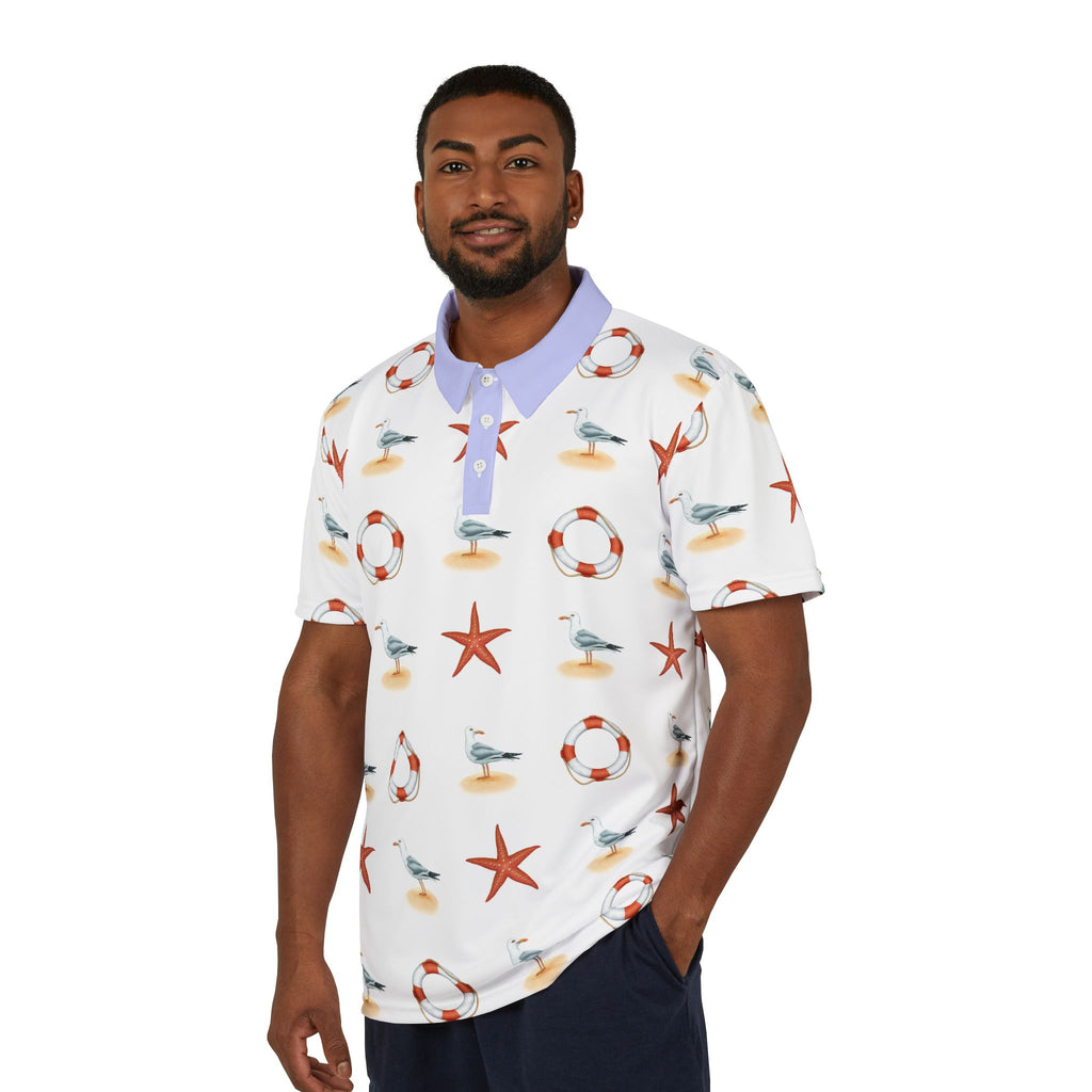 Nautical Pattern Polo Shirt – Seagulls, Starfish & Lifebuoy Print
