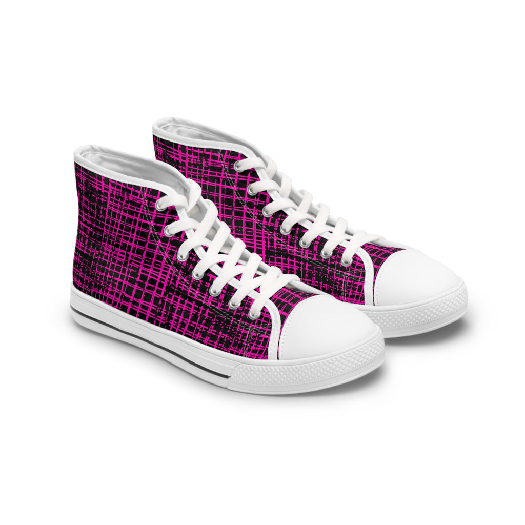 Women's High Top Sneakers — Pink Plaid Grunge Pattern