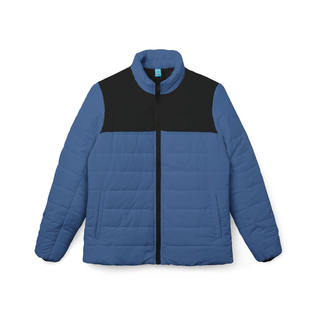 A colorblock puffer jacket with a blue body and sleeves, and a black yoke across the chest, shown on a plain white background.