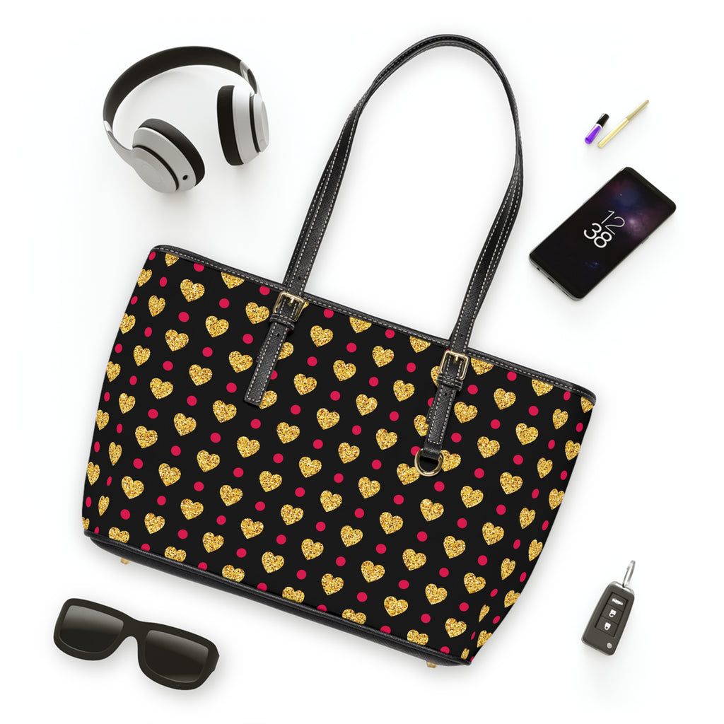 Gold Glitter Hearts Pattern PU Leather Shoulder Bag | Black Heart Print Tote