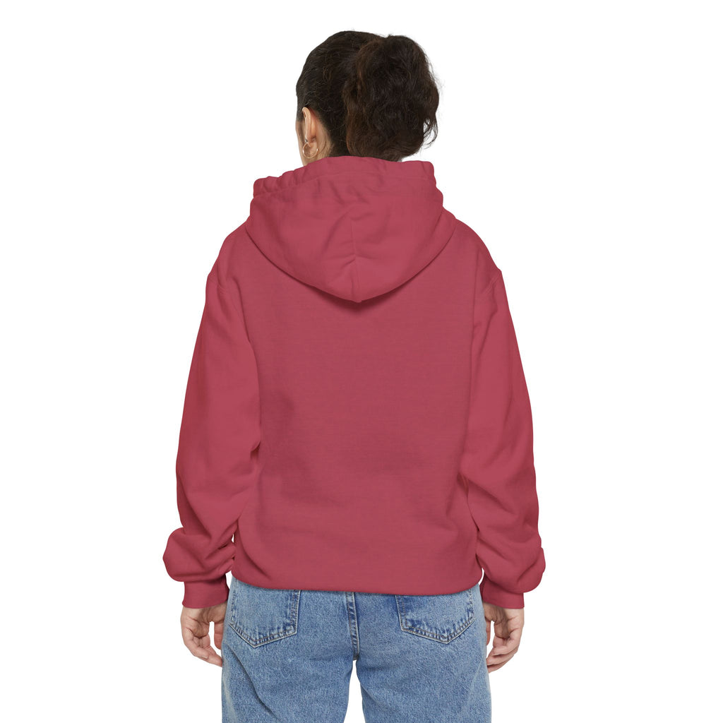 Person wearing a red hoodie and blue jeans on a white background