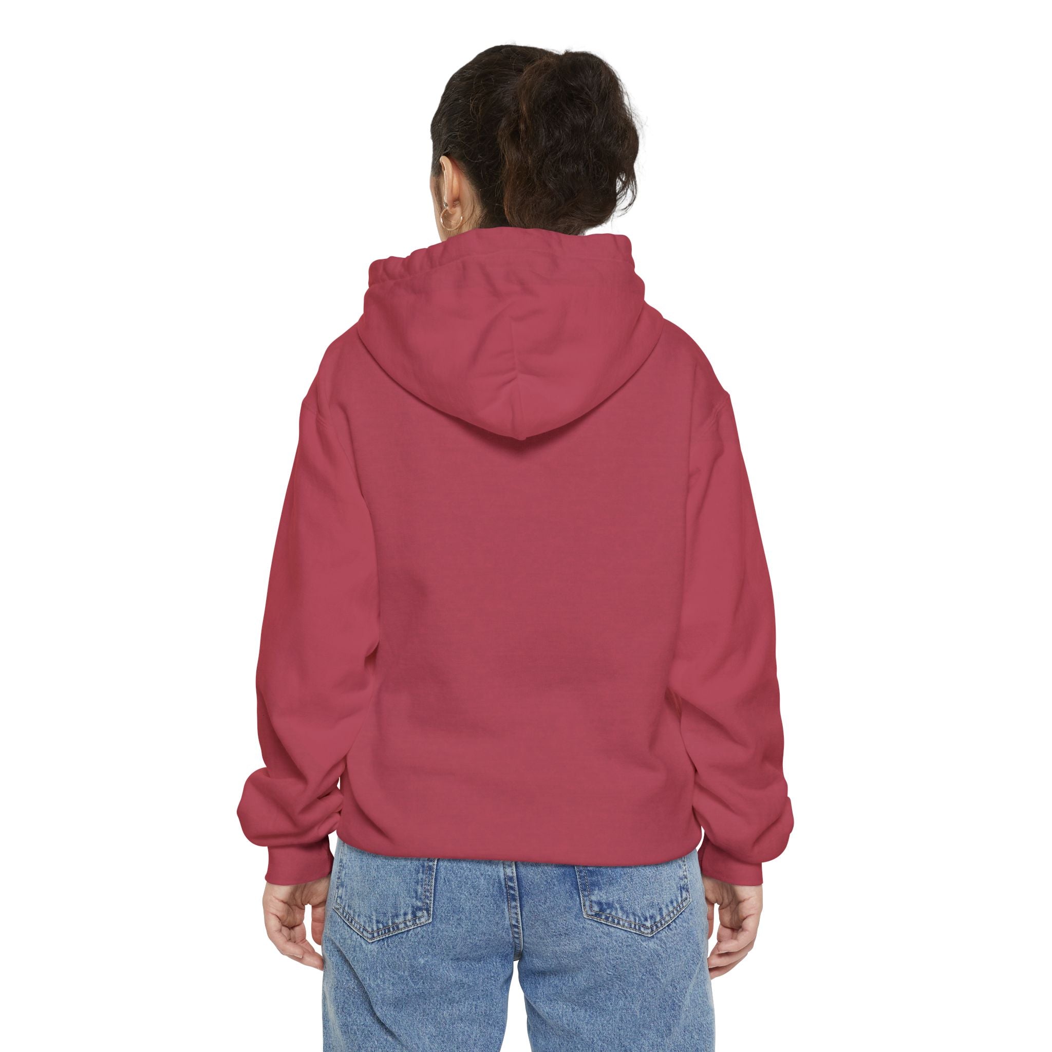 Person wearing a red hoodie and blue jeans on a white background