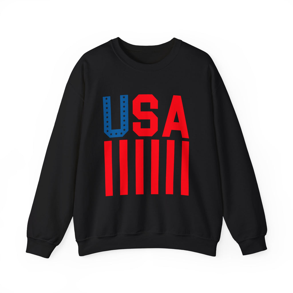 A black crewneck sweatshirt featuring a bold graphic print on the front with the letters 'USA' in red and blue, above five vertical red bars, displayed on a clean white background.