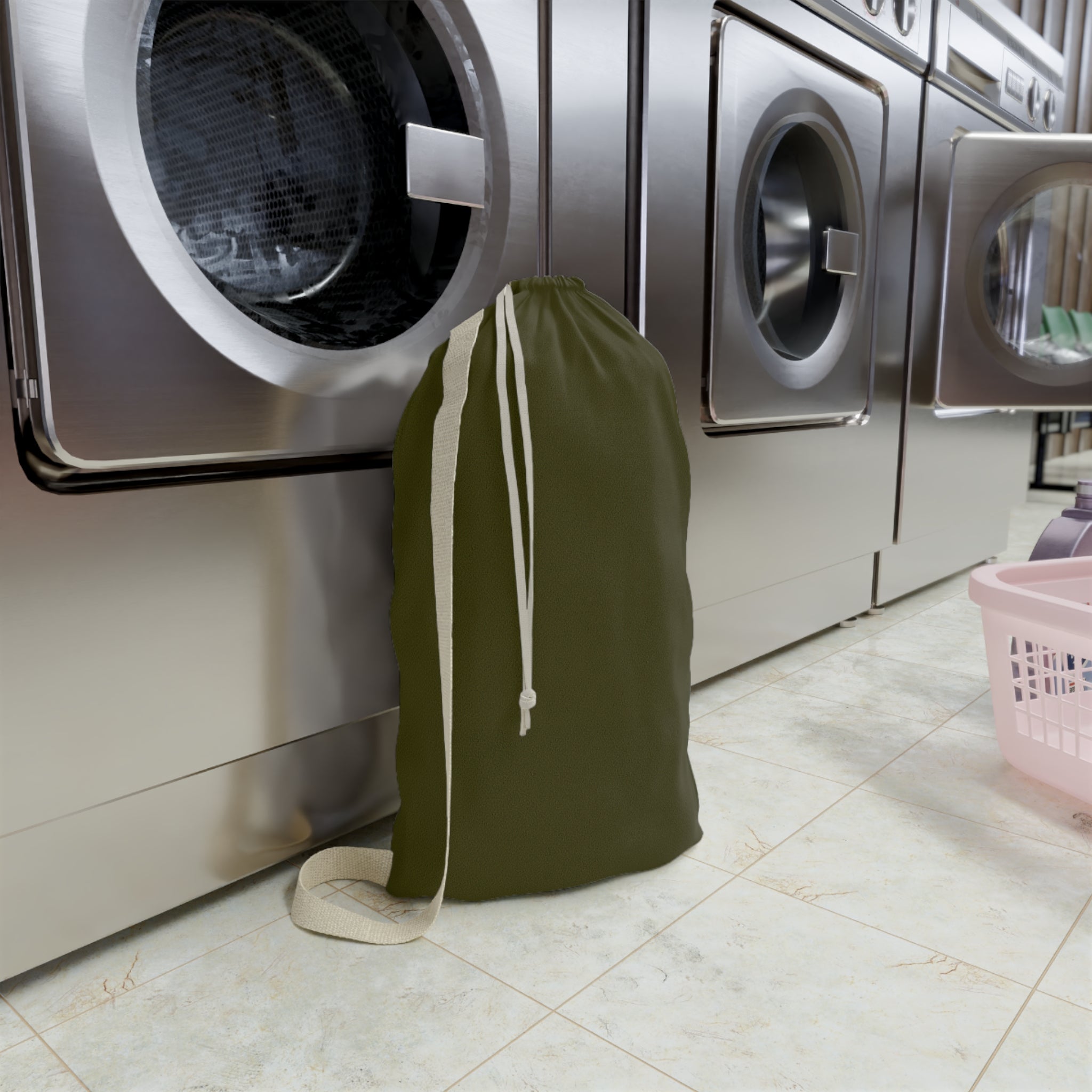 Olive Drawstring Laundry Bag — Compact Cotton Travel Hamper with Shoulder Strap
