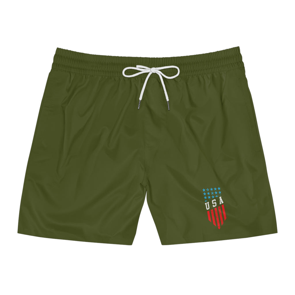 USA Shield Swim Shorts — Men's Olive Mid-Length Beach Trunks