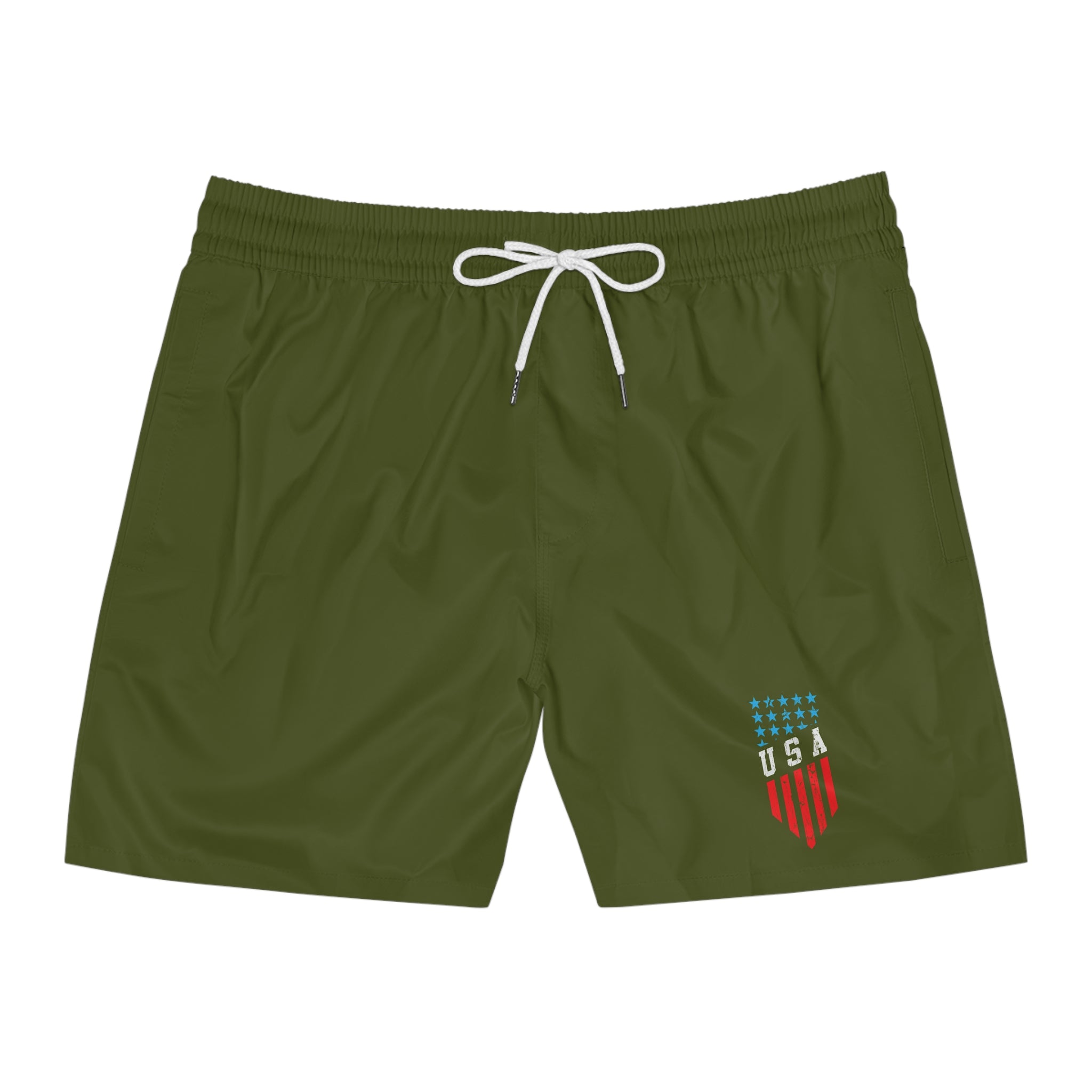 USA Shield Swim Shorts — Men's Olive Mid-Length Beach Trunks