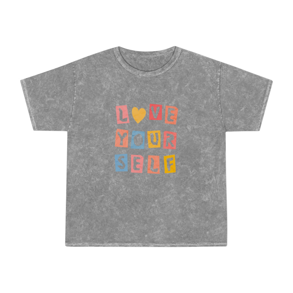 Love Yourself Mineral-Wash Tee — Retro Block Letter Self-Love T-Shirt