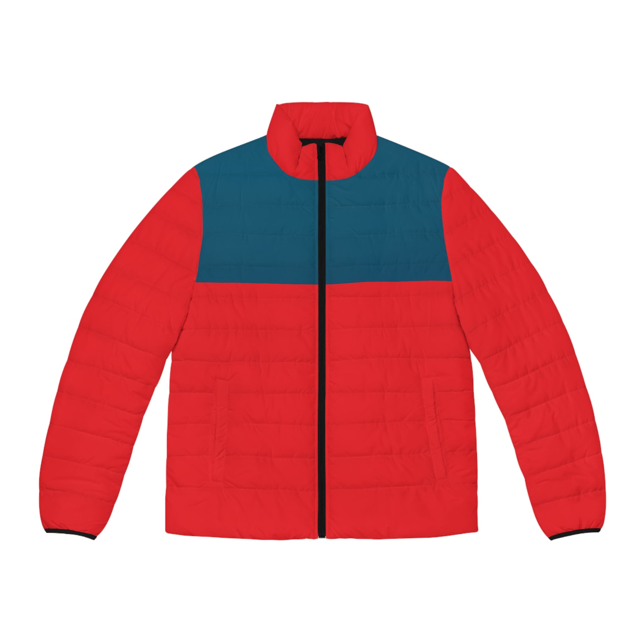 Men's Colorblock Puffer Jacket – Red & Teal Lightweight Insulated Coat