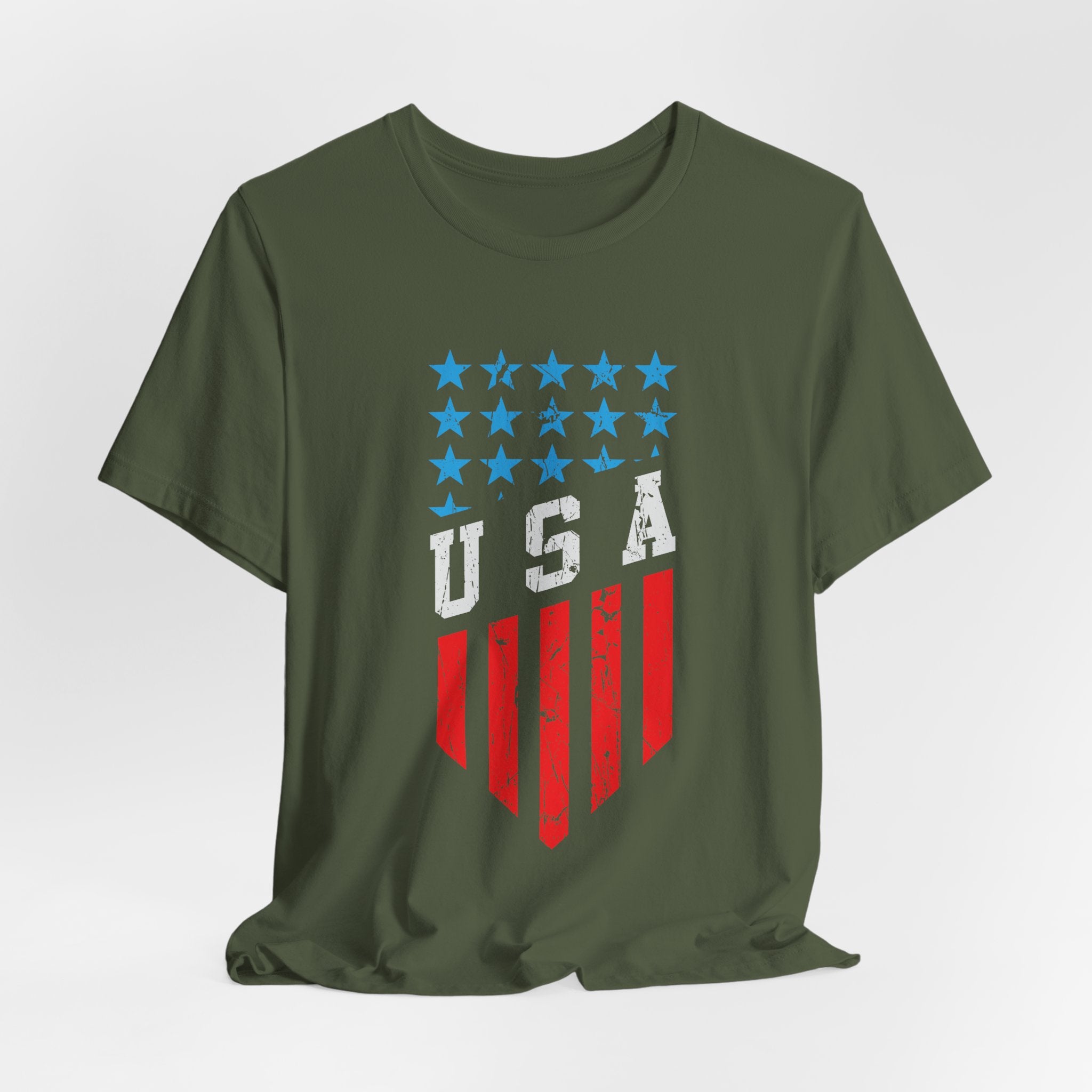 Green t-shirt with American flag design on a white background