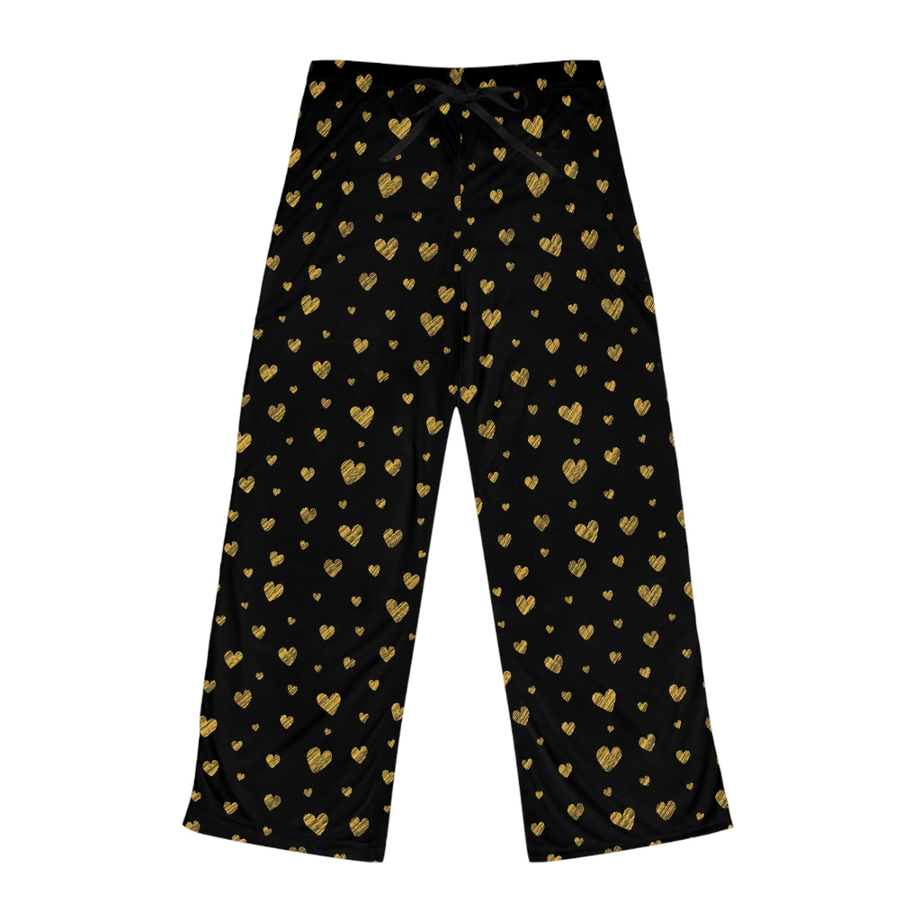 Gold Heart Pattern Pajama Pants | Black All-Over Print