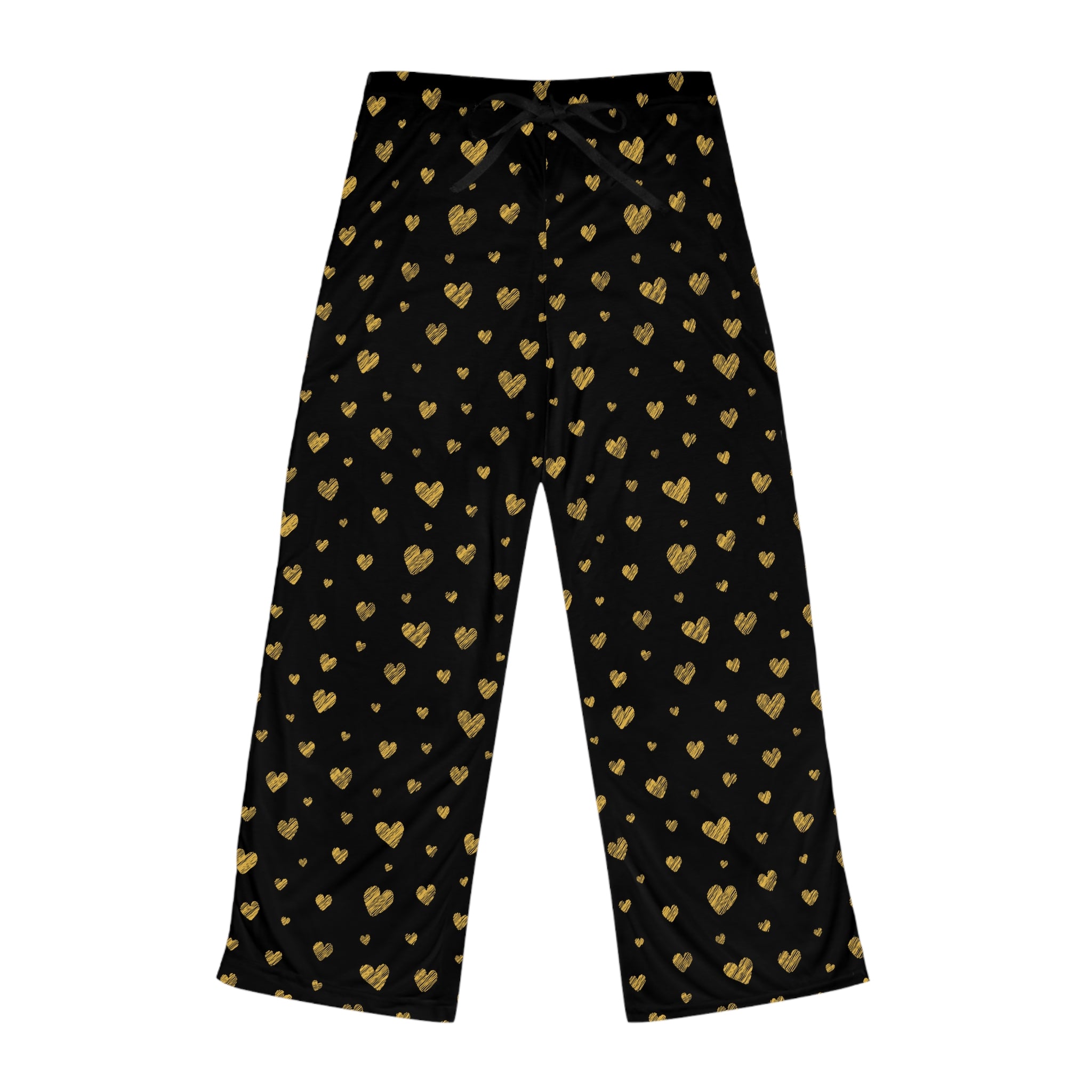 Gold Heart Pattern Pajama Pants | Black All-Over Print