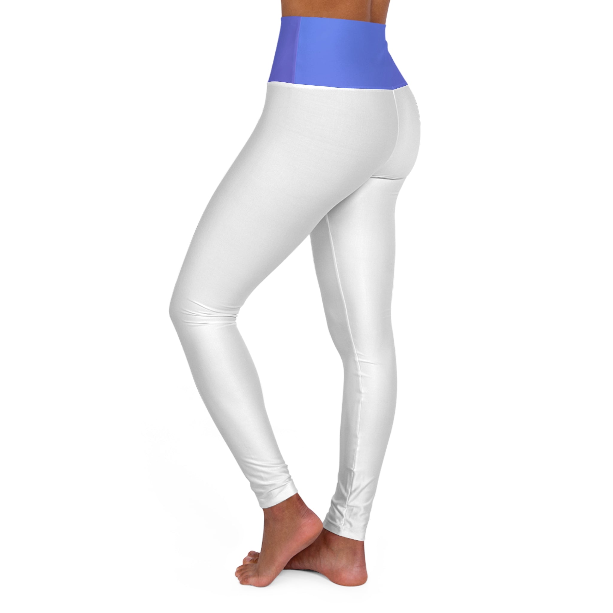 White high-waisted leggings with a contrasting blue waistband, shown on a model from the side against a plain white background.