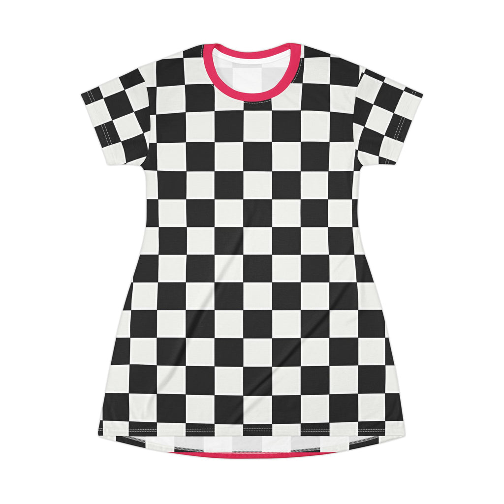 Checkerboard Pattern T-Shirt Dress – Black & White Retro Skate Style