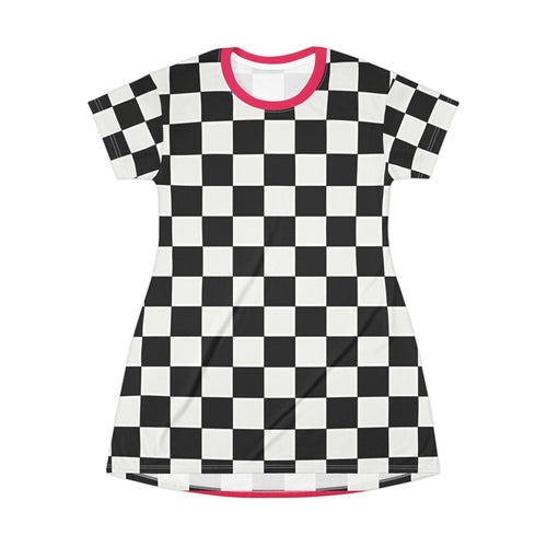 Checkerboard Pattern T-Shirt Dress – Black & White Retro Skate Style