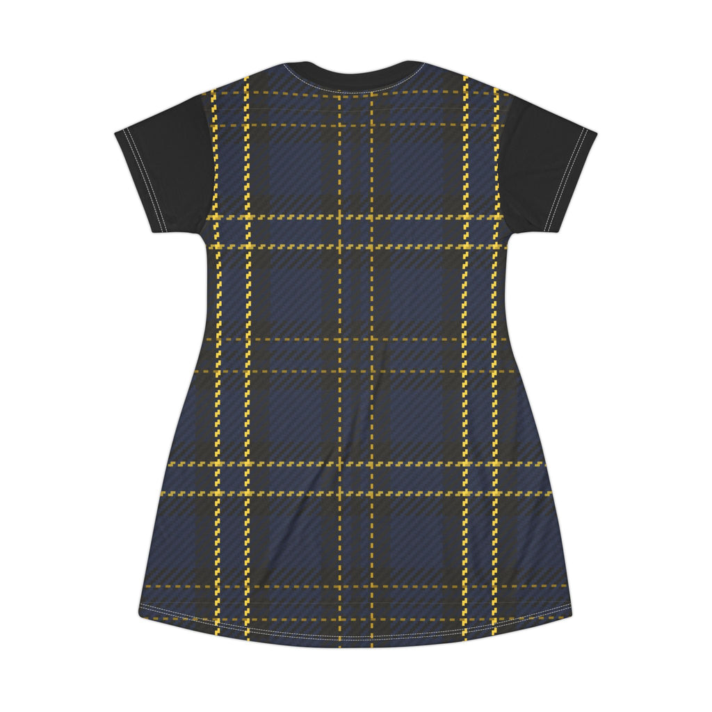 Plaid T‑Shirt Dress — Navy & Yellow Checked