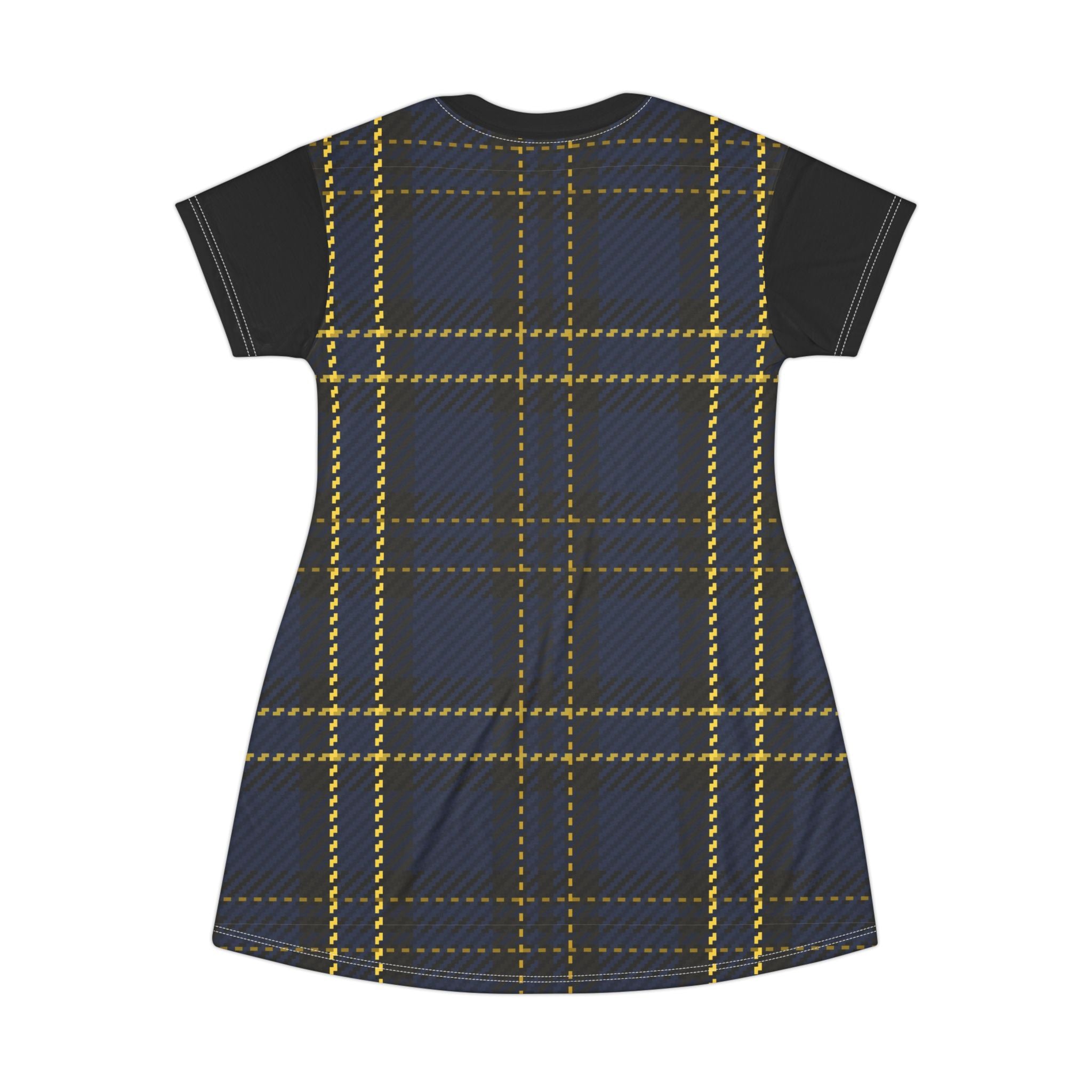 Plaid T‑Shirt Dress — Navy & Yellow Checked