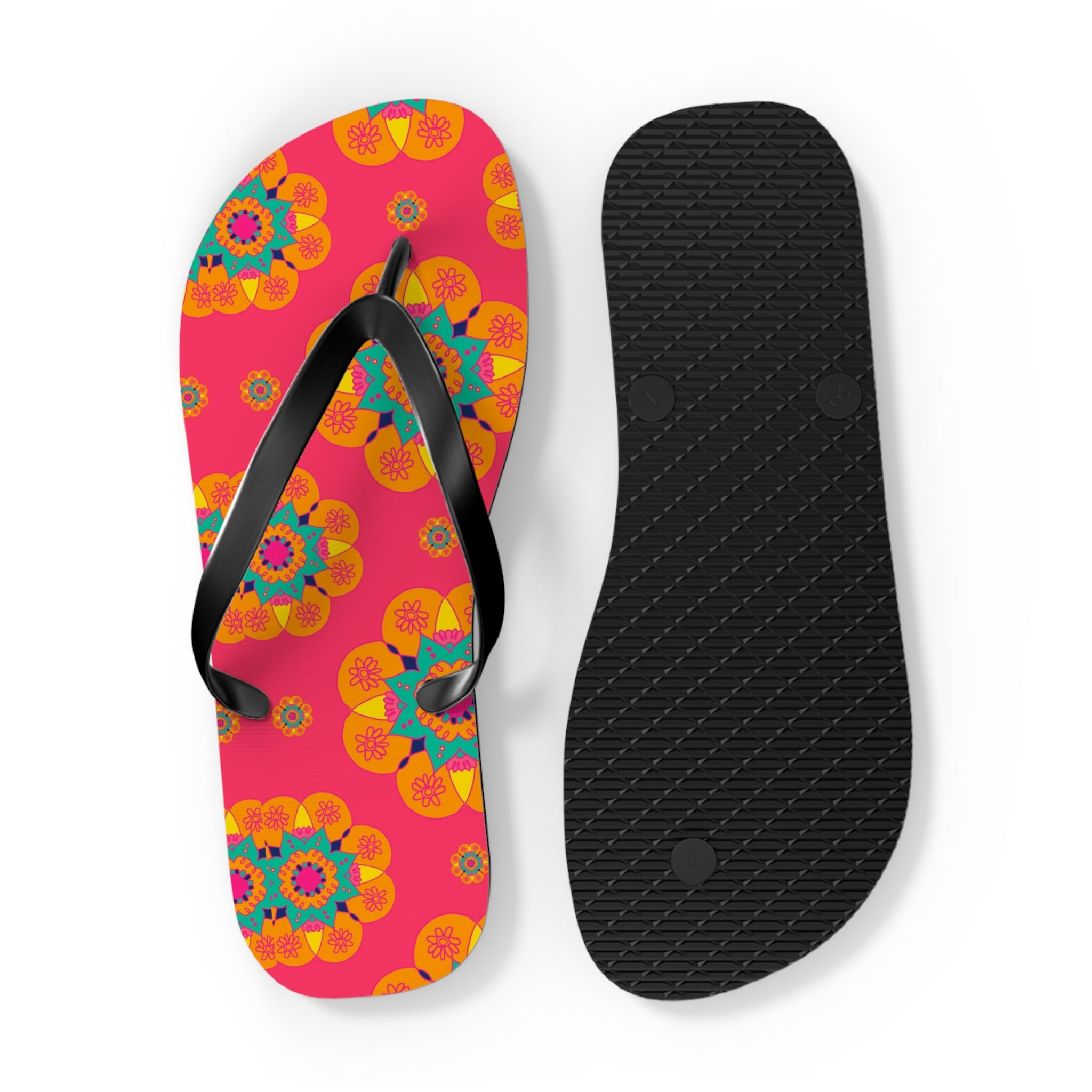 Floral Mandala Flip Flops – Bright Pink Tropical Beach Sandals