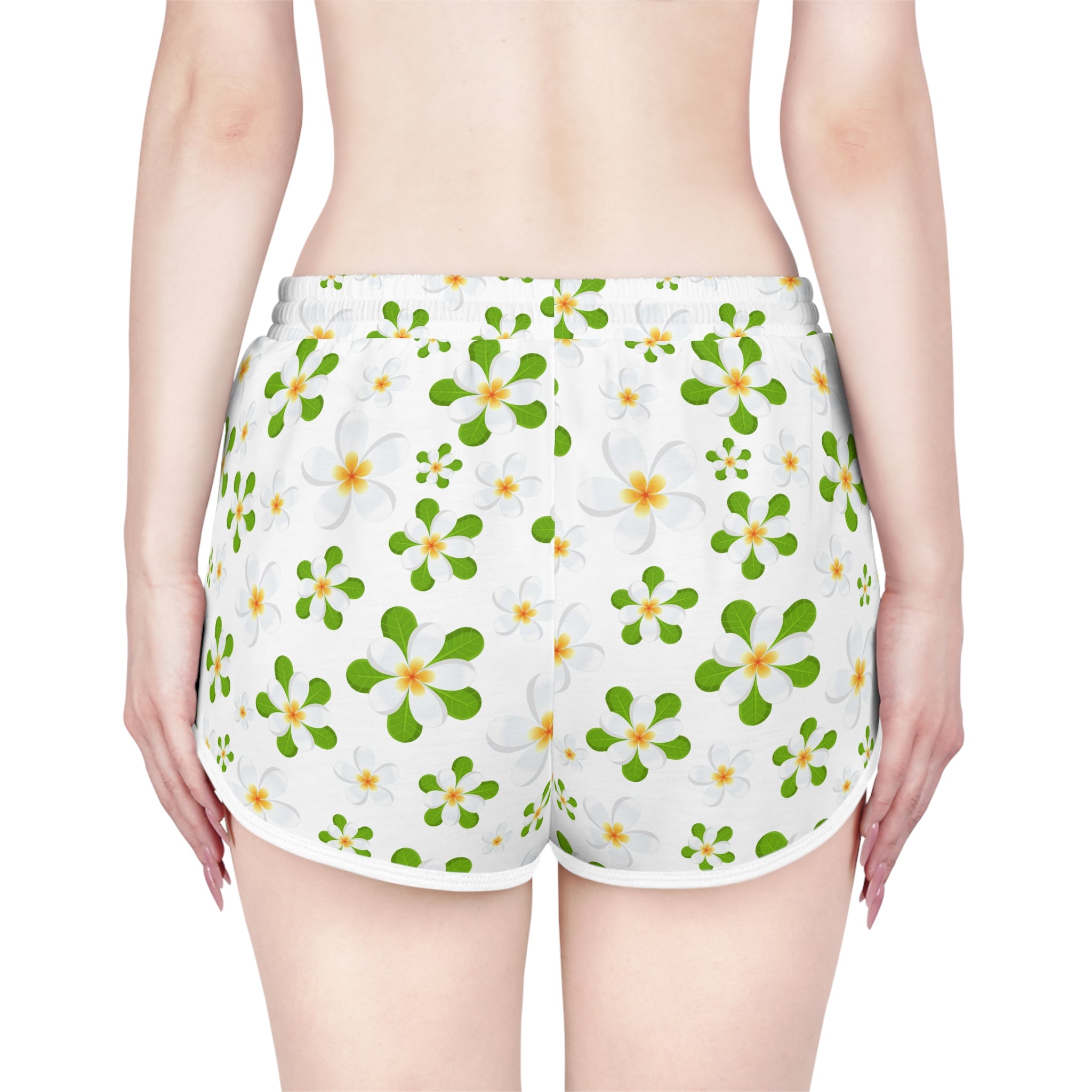 Floral Daisy Lounge Shorts — White Green All-Over Print Relaxed Shorts