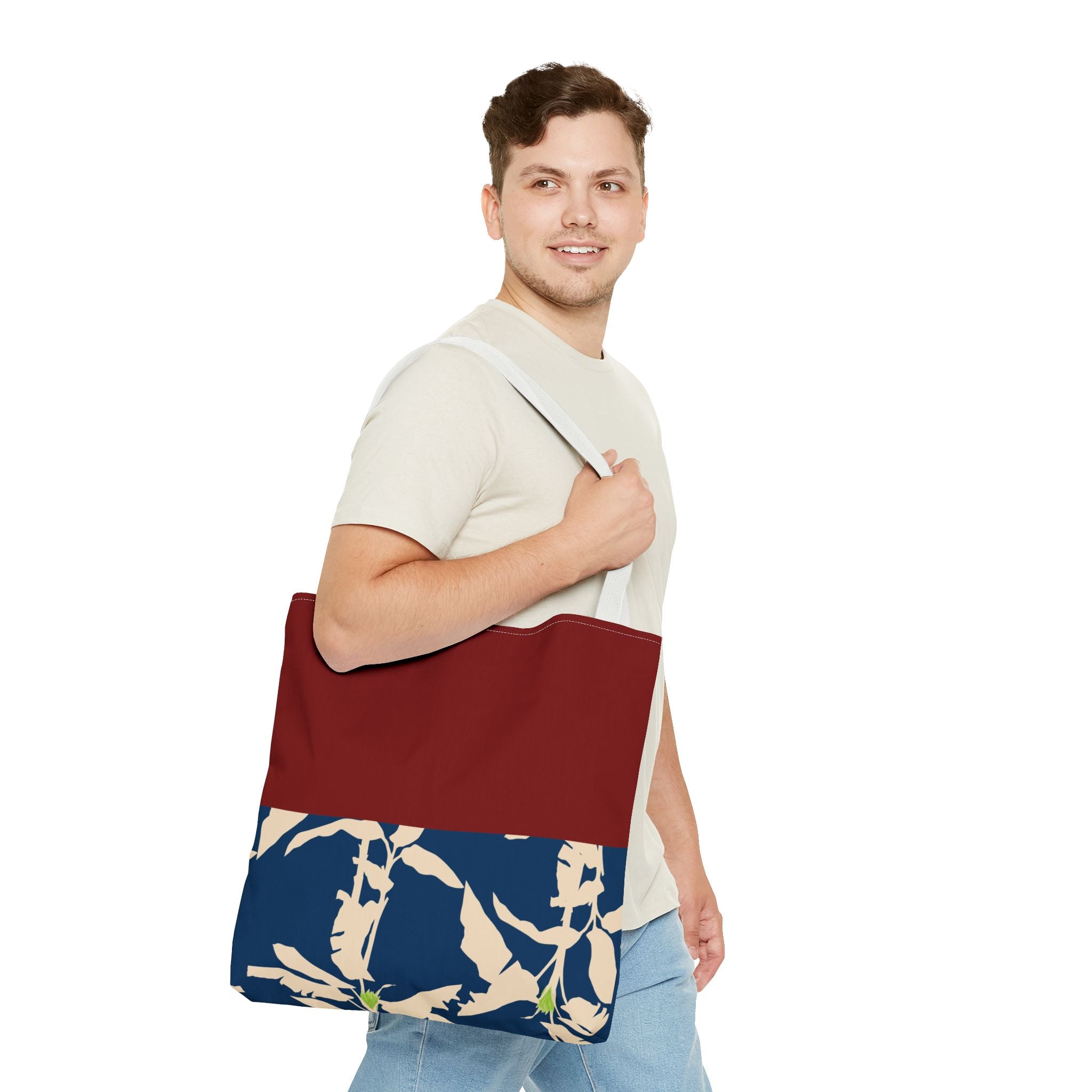 Red Navy Botanical Leaf Pattern Tote Bag