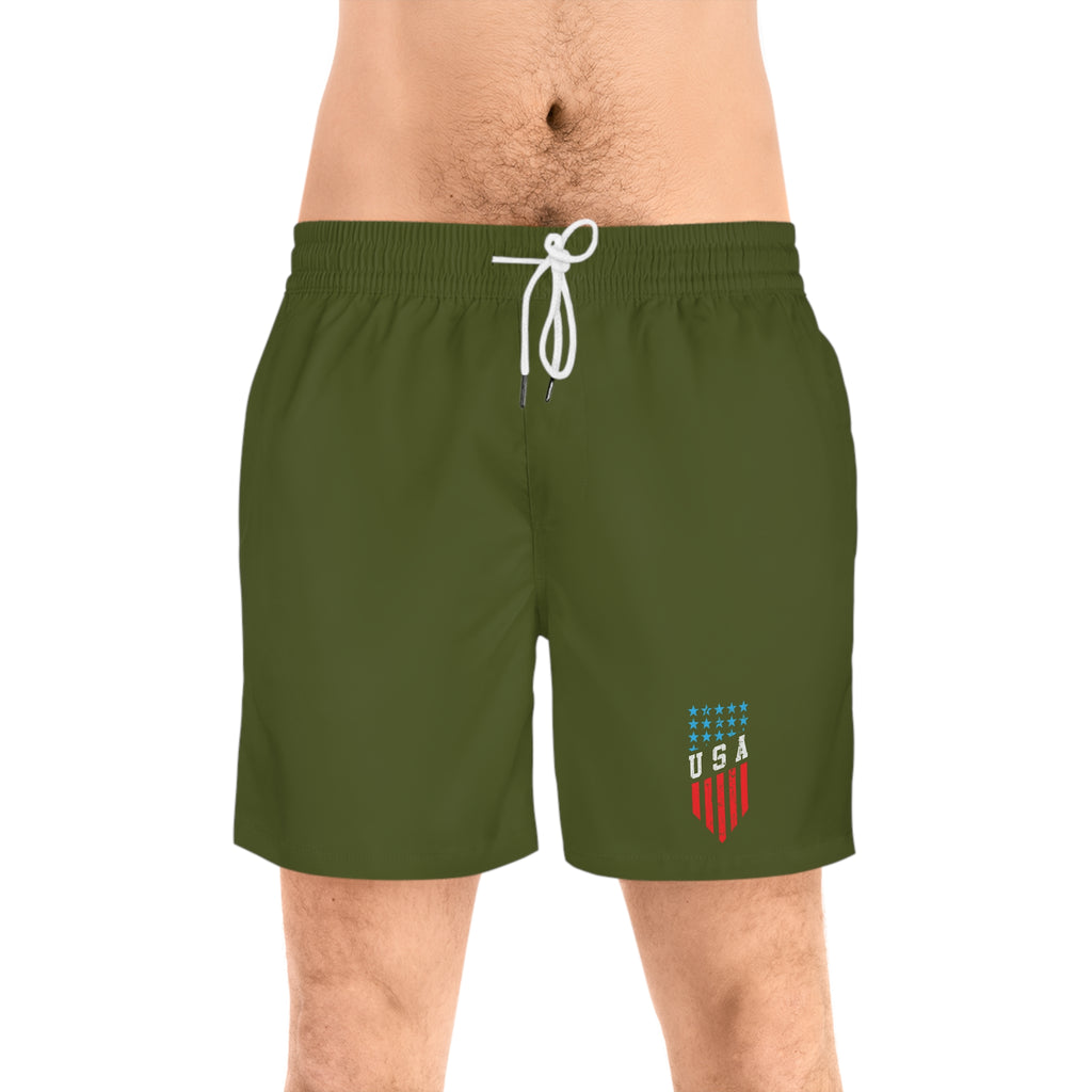USA Shield Swim Shorts — Men's Olive Mid-Length Beach Trunks