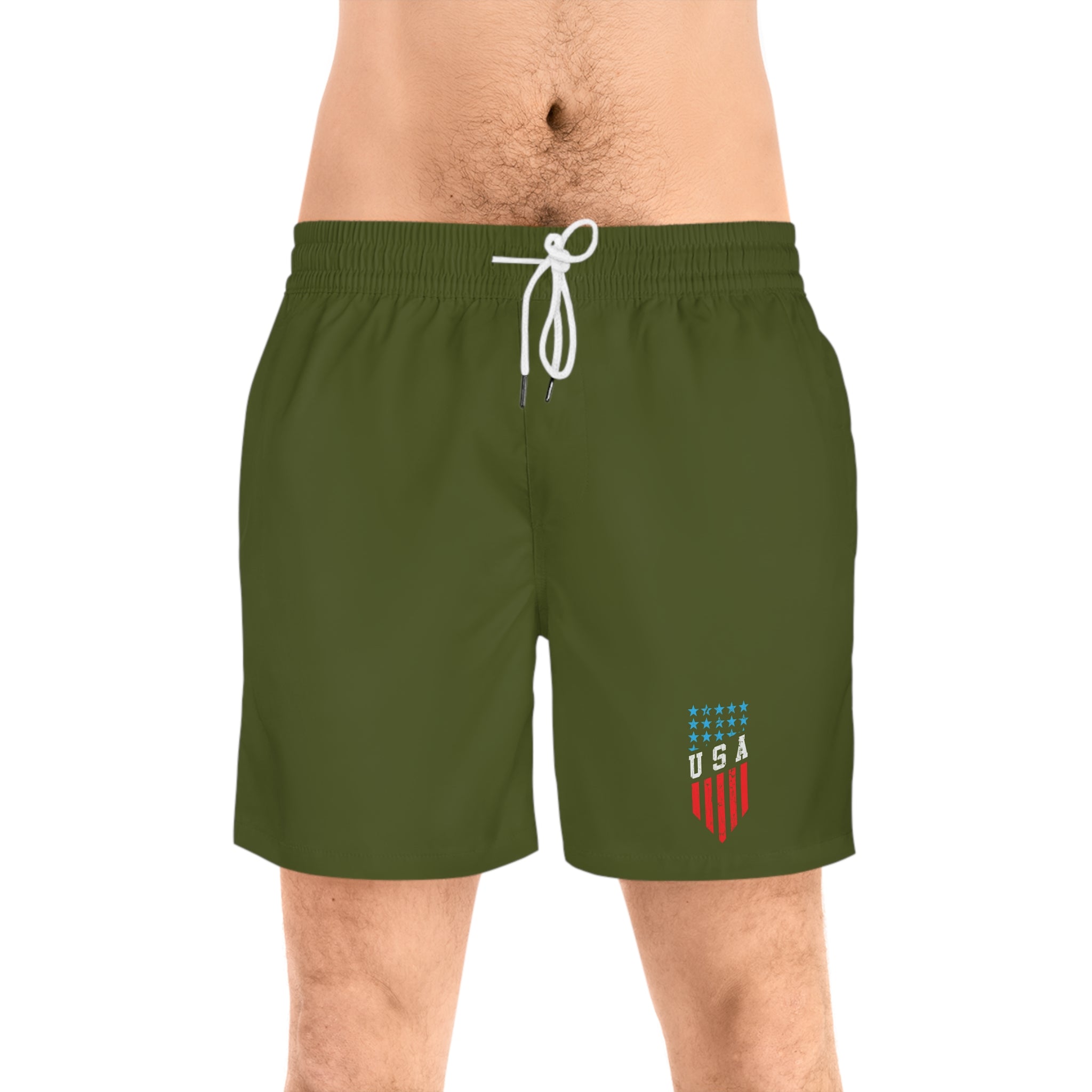 USA Shield Swim Shorts — Men's Olive Mid-Length Beach Trunks