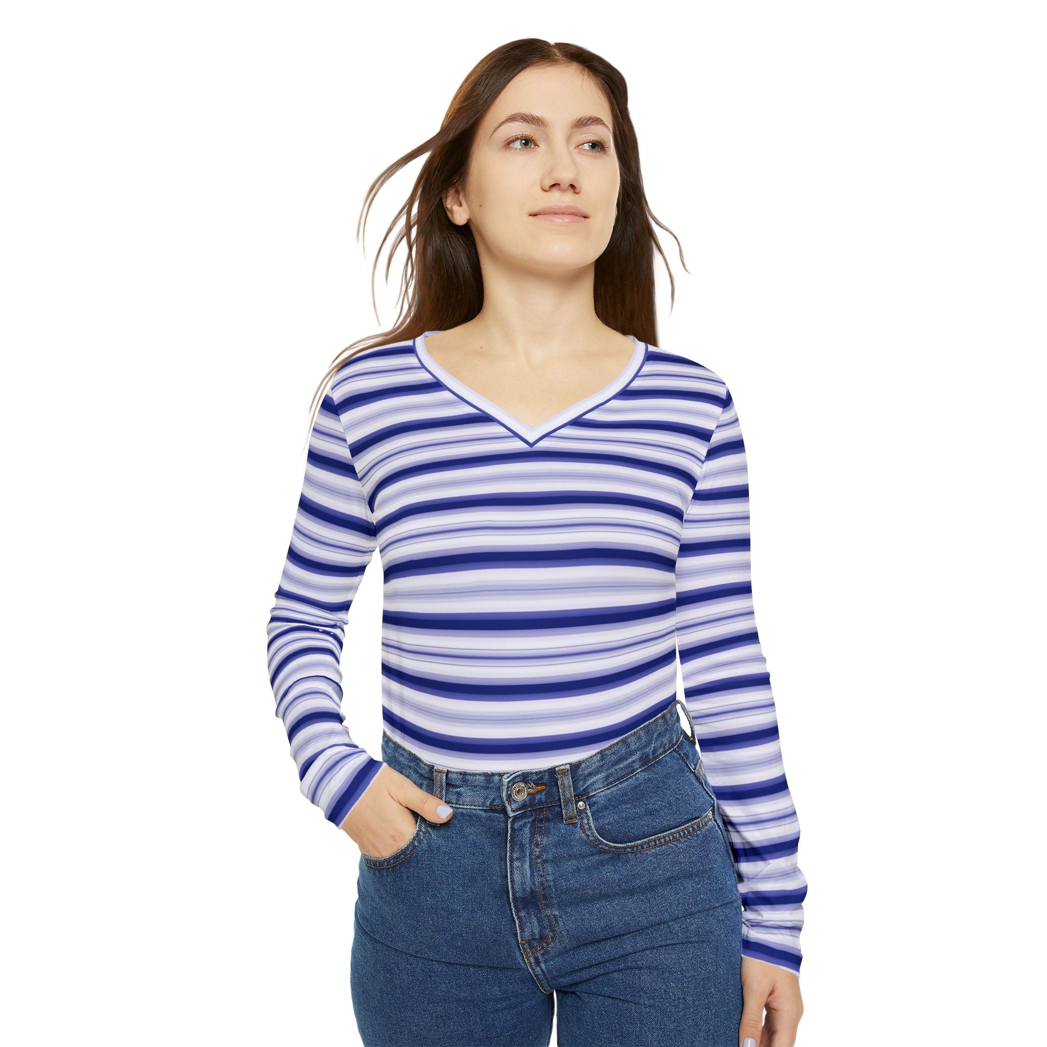 Women's Blue Stripe V-Neck Long Sleeve Shirt