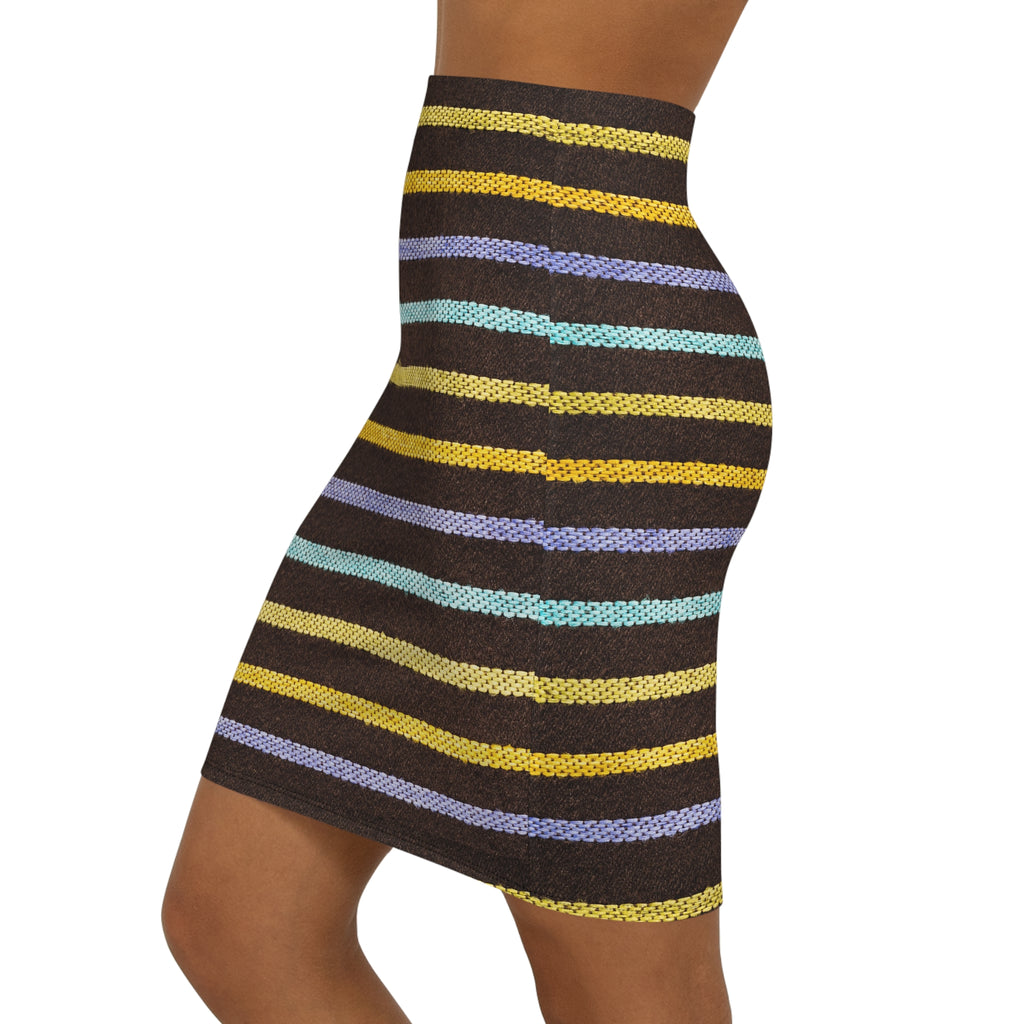 A close-up side view of a model wearing a high-waisted, bodycon mini skirt with horizontal textured stripes in yellow, light blue, lavender, and dark brown on a white background.